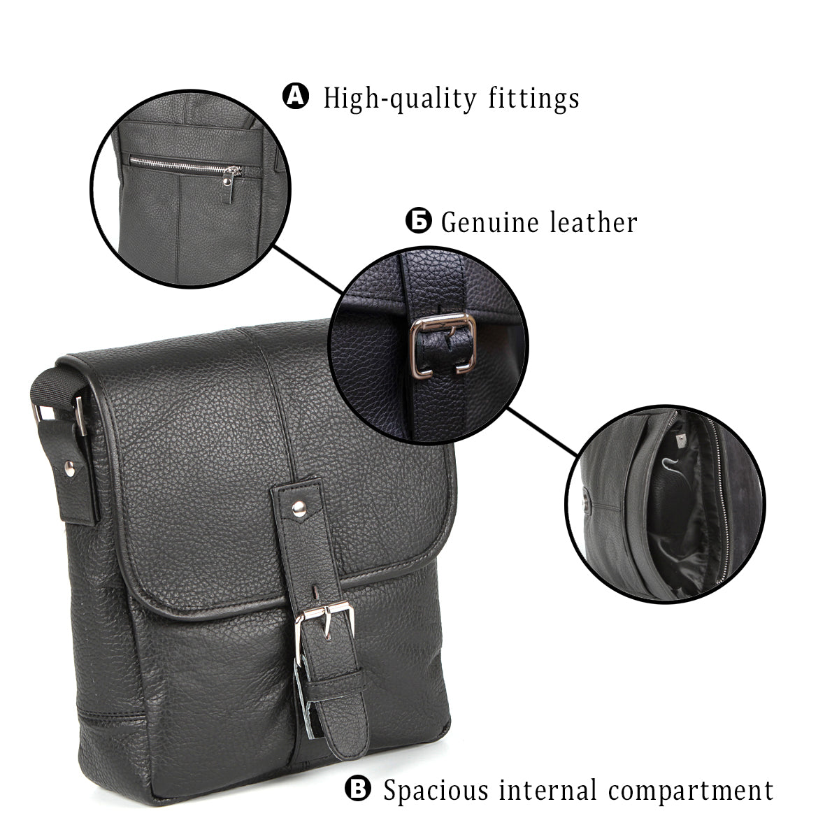 Leather Bag SHVIGEL 00853 Black Natural Leather Handmade in Ukraine