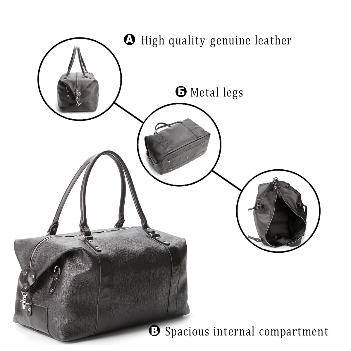 Travel Bag SHVIGEL 00881 Black Natural Leather Handmade in Ukraine
