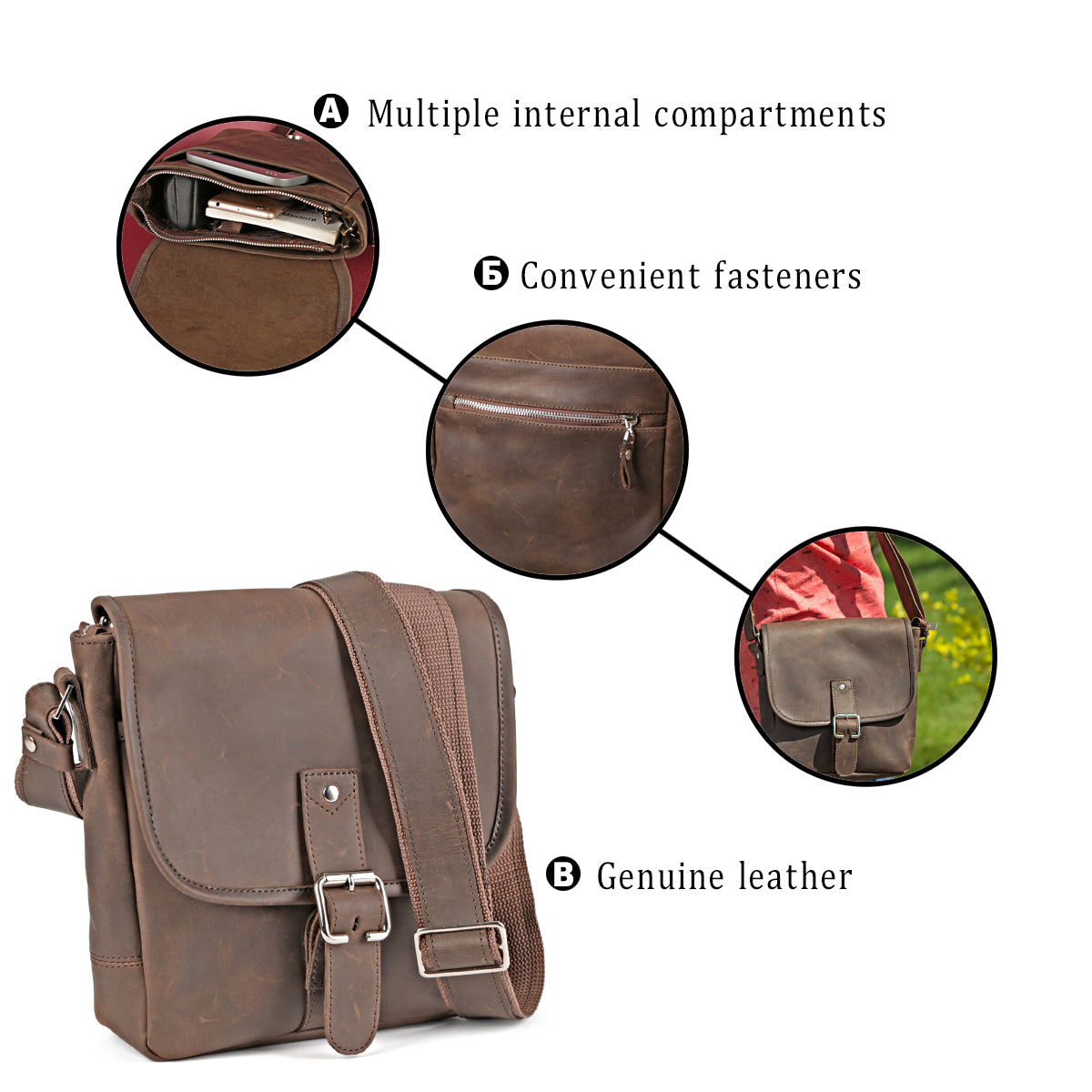 Vintage Leather Bag SHVIGEL 00890 Brown Natural Leather Made in Ukraine