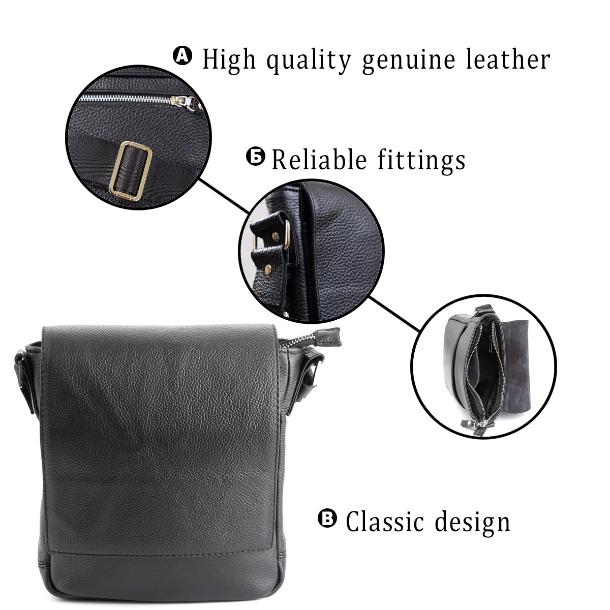 Black Messenger Bag SHVIGEL 00964 | Genuine Leather | Made in Ukraine