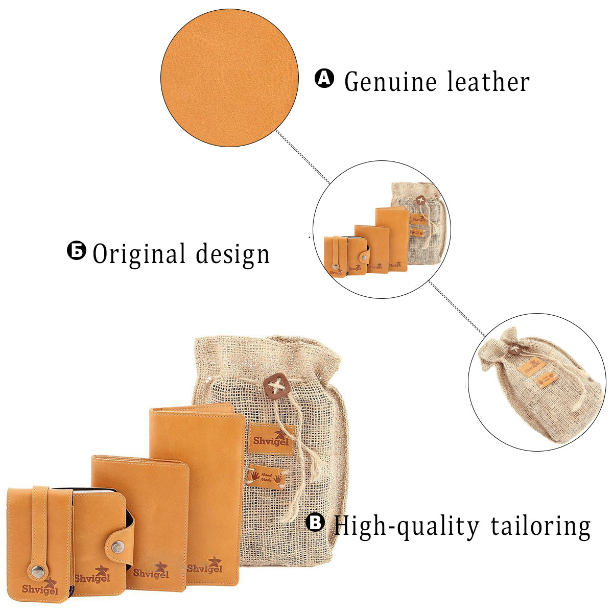 Handmade Leather Accessory Set by SHVIGEL, Item 10076, Natural Leather, Ukraine