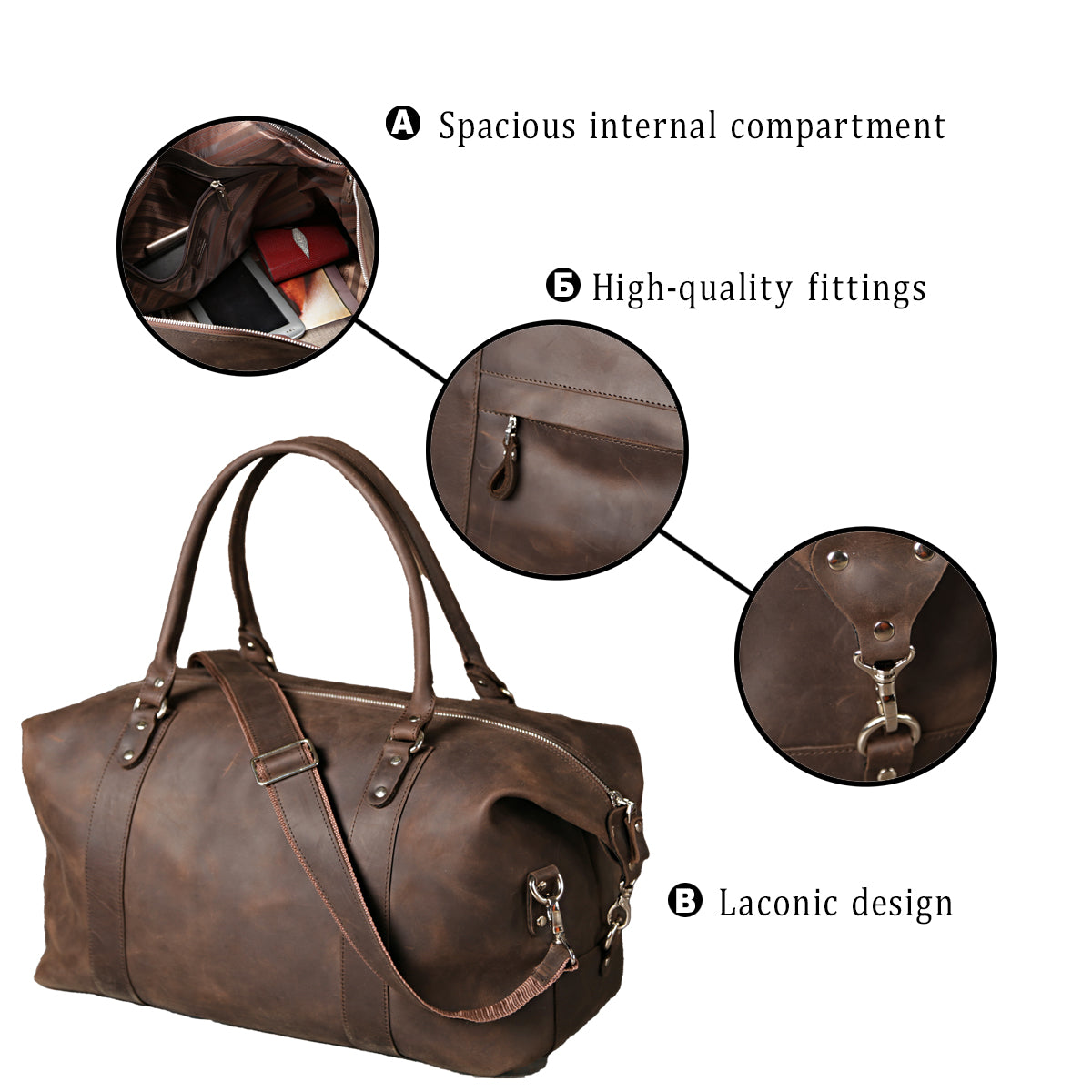 Travel Bag SHVIGEL 11019 Brown Natural Leather Handmade in Ukraine