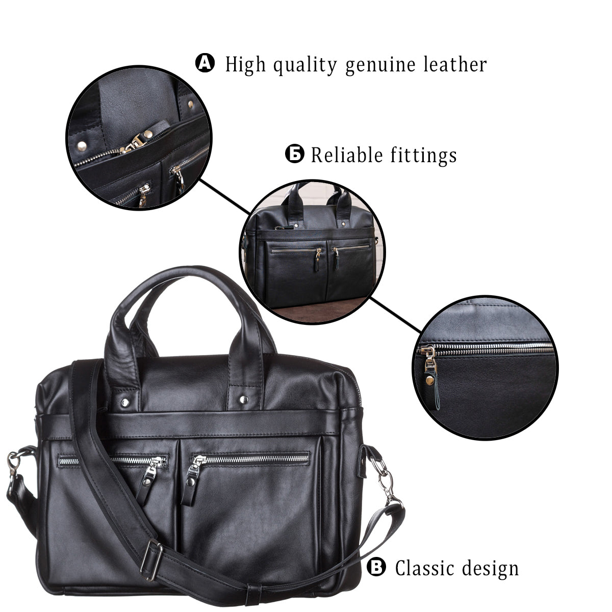 Laptop Bag SHVIGEL 11041 Black Genuine Leather Handmade in Ukraine