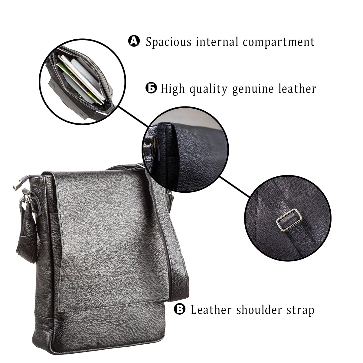Leather Bag SHVIGEL 11080 Black Made in Ukraine, Genuine Leather Material