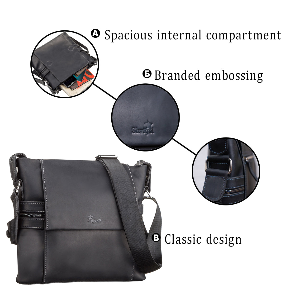 Men's Leather Bag SHVIGEL 11096 Black Genuine Leather Made in Ukraine