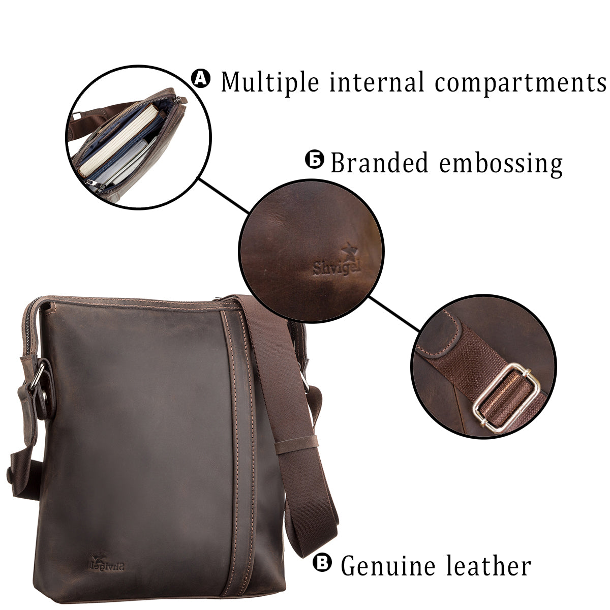 Men's Leather Bag SHVIGEL 11099 Brown Genuine Leather from Ukraine
