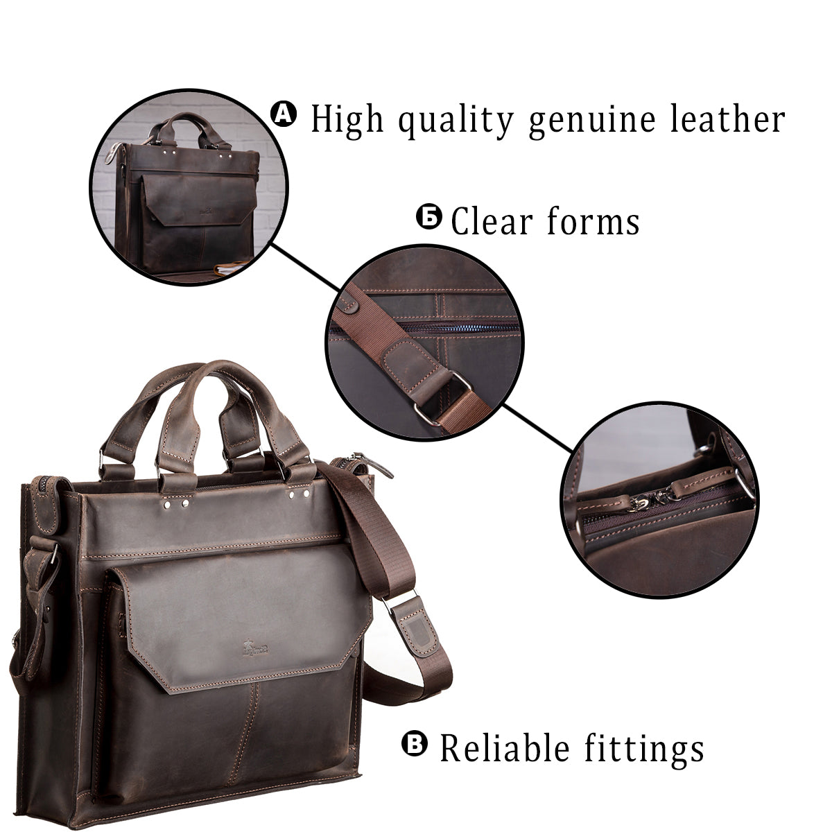 Leather Laptop Bag SHVIGEL 11109 Brown Natural Leather, Made in Ukraine