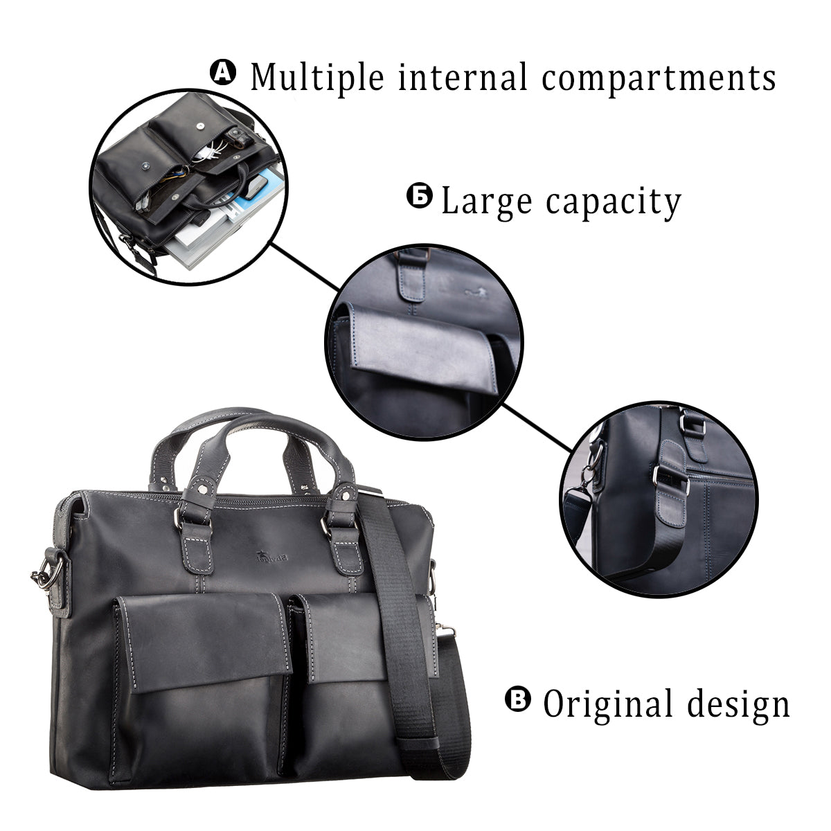 Leather Laptop Bag SHVIGEL 11111 Black Genuine Leather Made in Ukraine