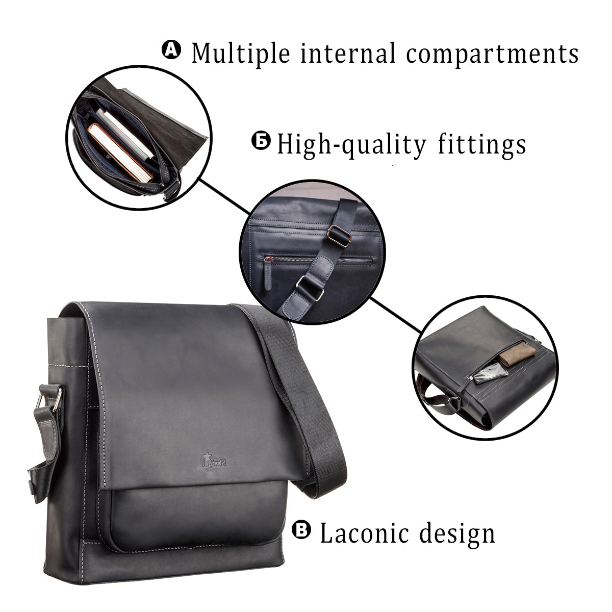 Men's Leather Bag SHVIGEL 11112 Black Genuine Leather from Ukraine