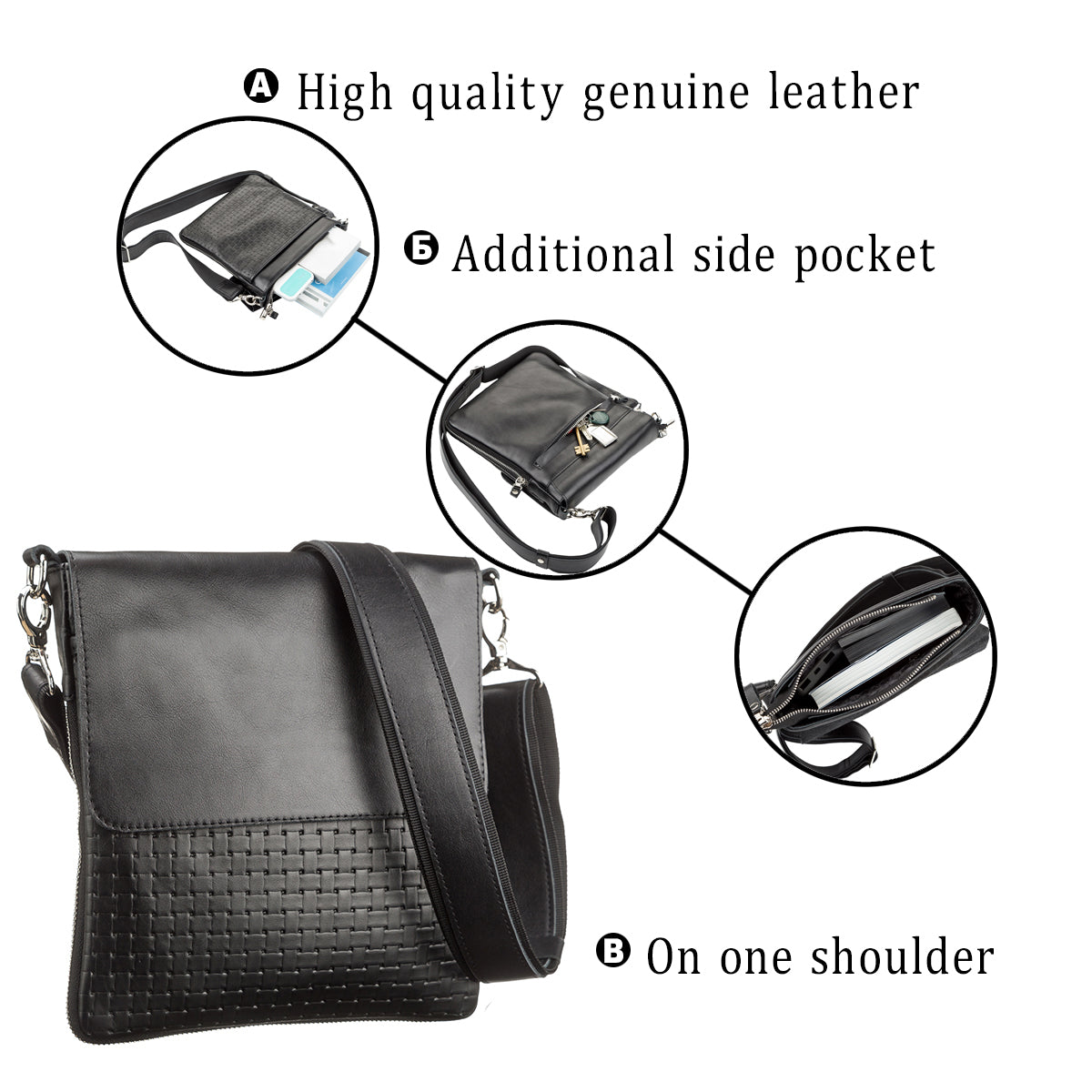 Leather Bag SHVIGEL 11124 Black Natural Leather Made in Ukraine with Durable Design