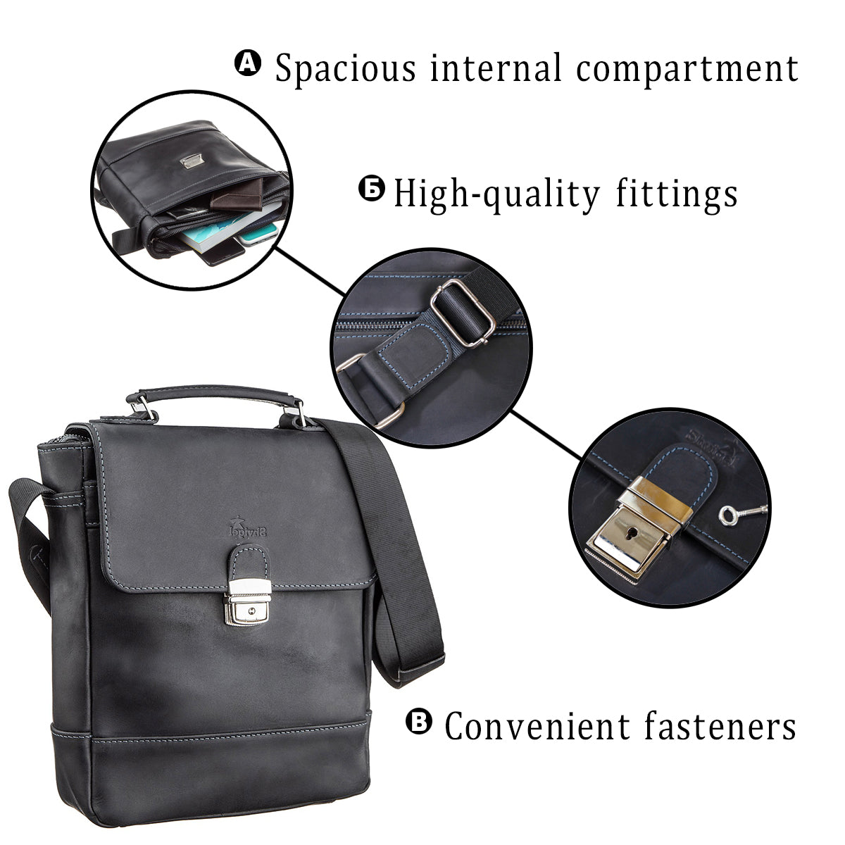 Men's Vintage Leather Bag SHVIGEL 11137 Black Made in Ukraine Natural Leather