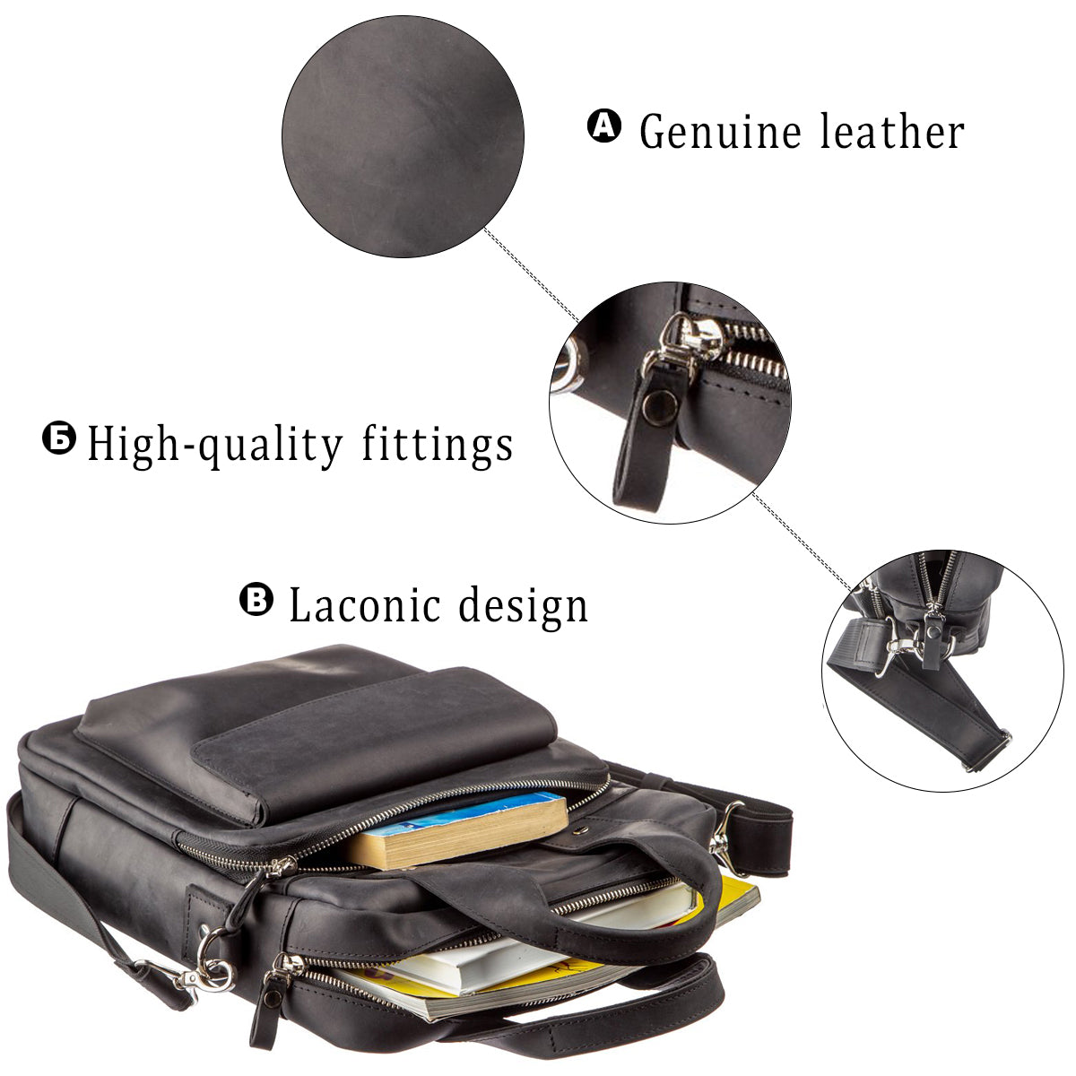 Vertical Men's Bag SHVIGEL 11169 A4 Size Black Matte Natural Leather