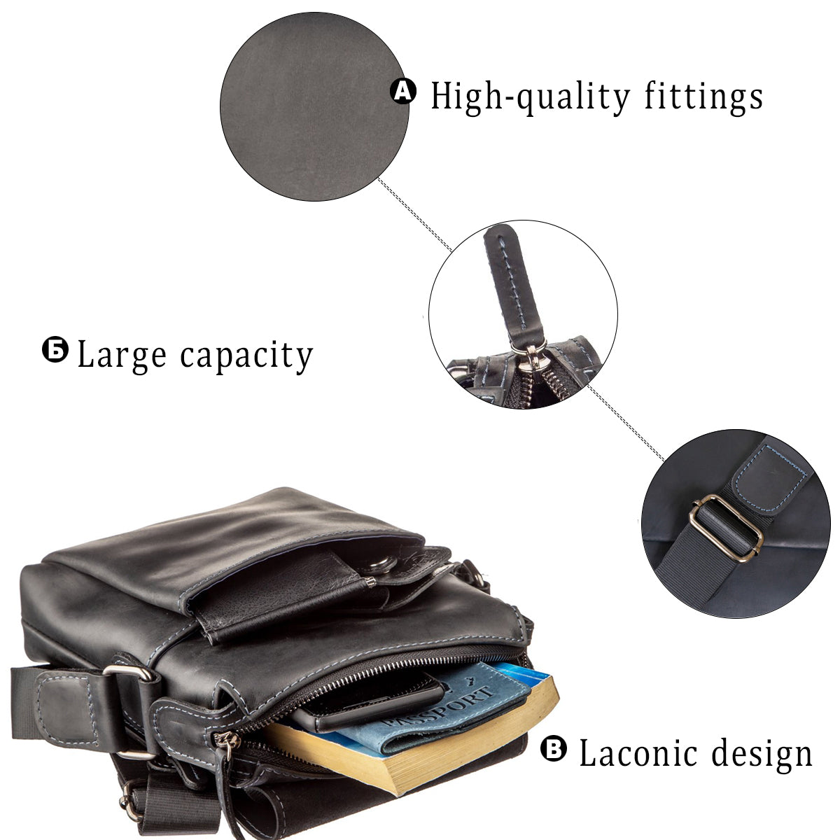 Men's Matte Leather Bag SHVIGEL 11173 Black Natural Leather Stylish Design