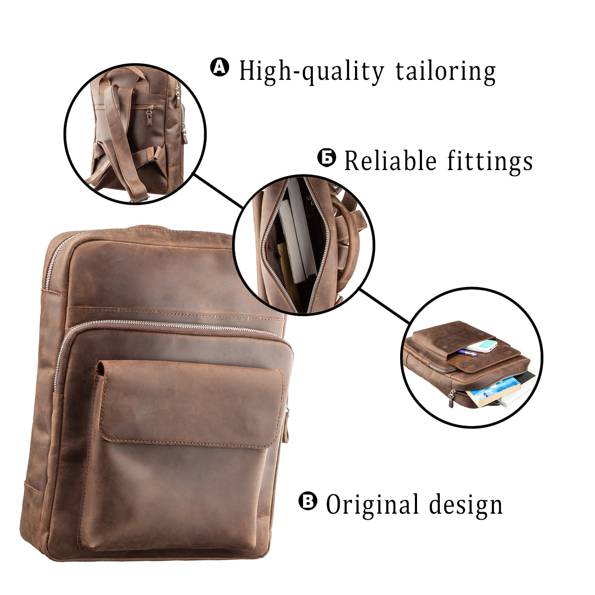 Unisex Backpack SHVIGEL 11175 Brown Matte Leather Natural Skin High Quality