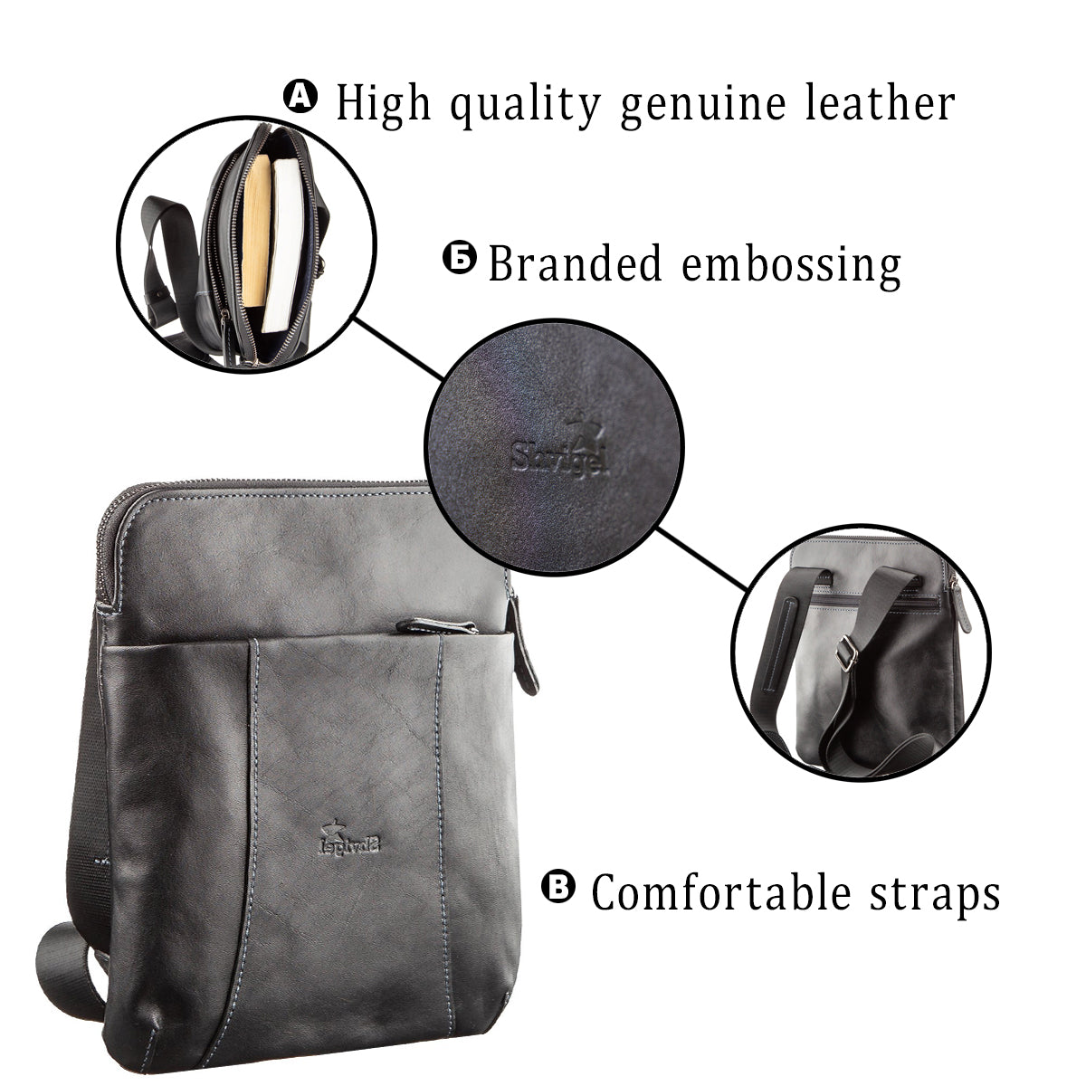Vertical Men's Messenger Bag SHVIGEL 11177 Vintage Leather Black, Natural Material