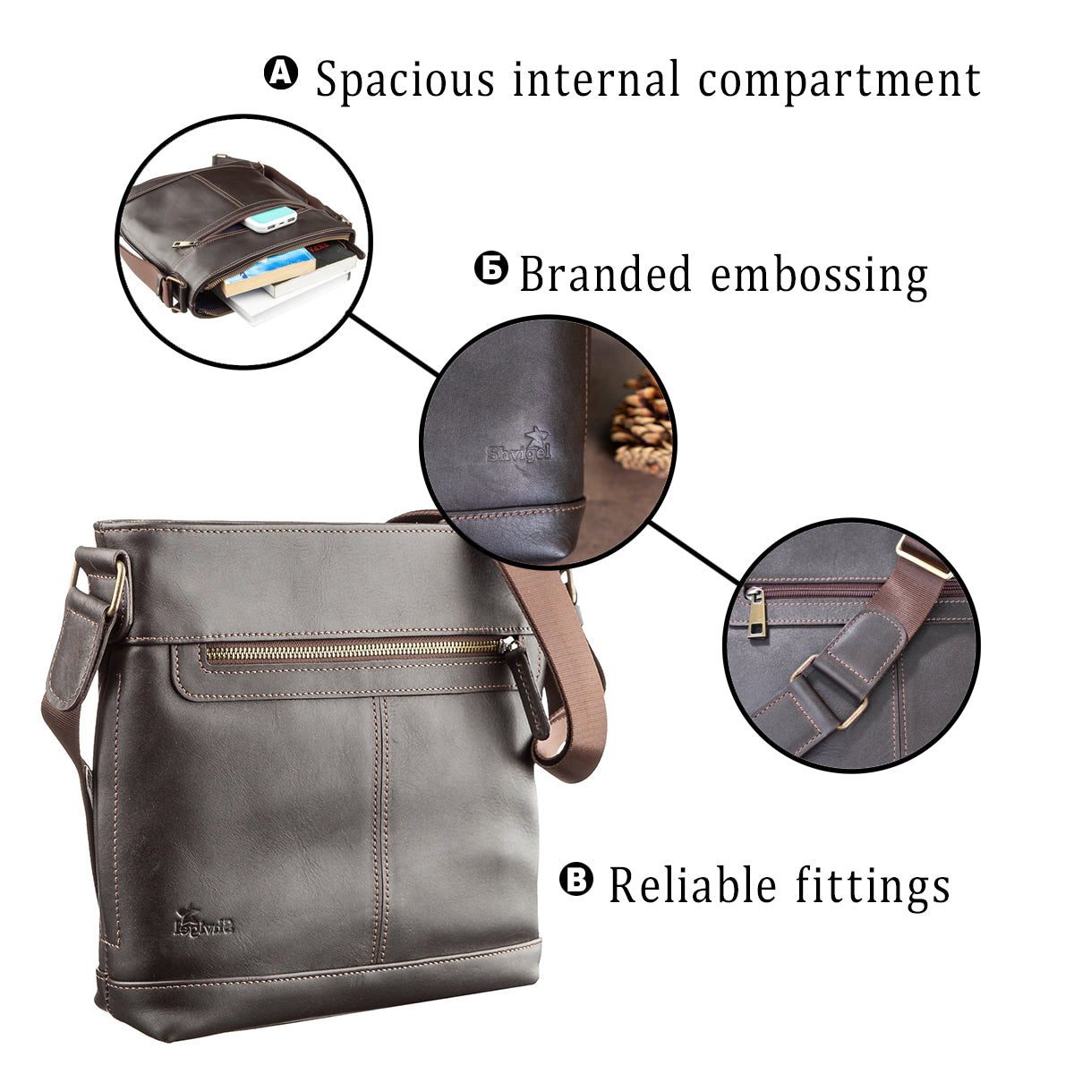 Men's Multifunctional Bag SHVIGEL 11178 Brown Smooth Leather - Natural Leather Quality