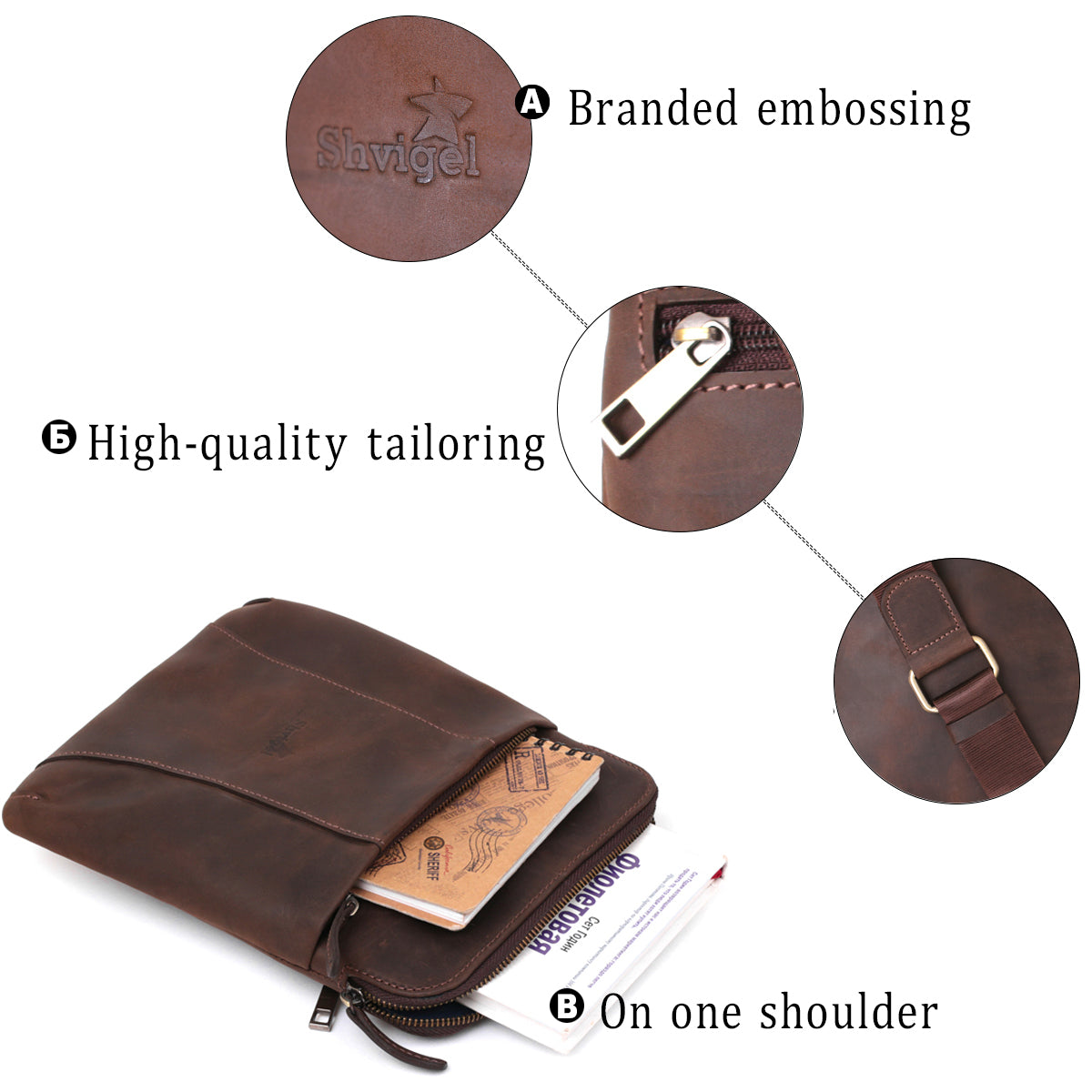 Stylish Men's Vintage Leather Messenger Bag SHVIGEL 11180 Brown, Genuine Leather