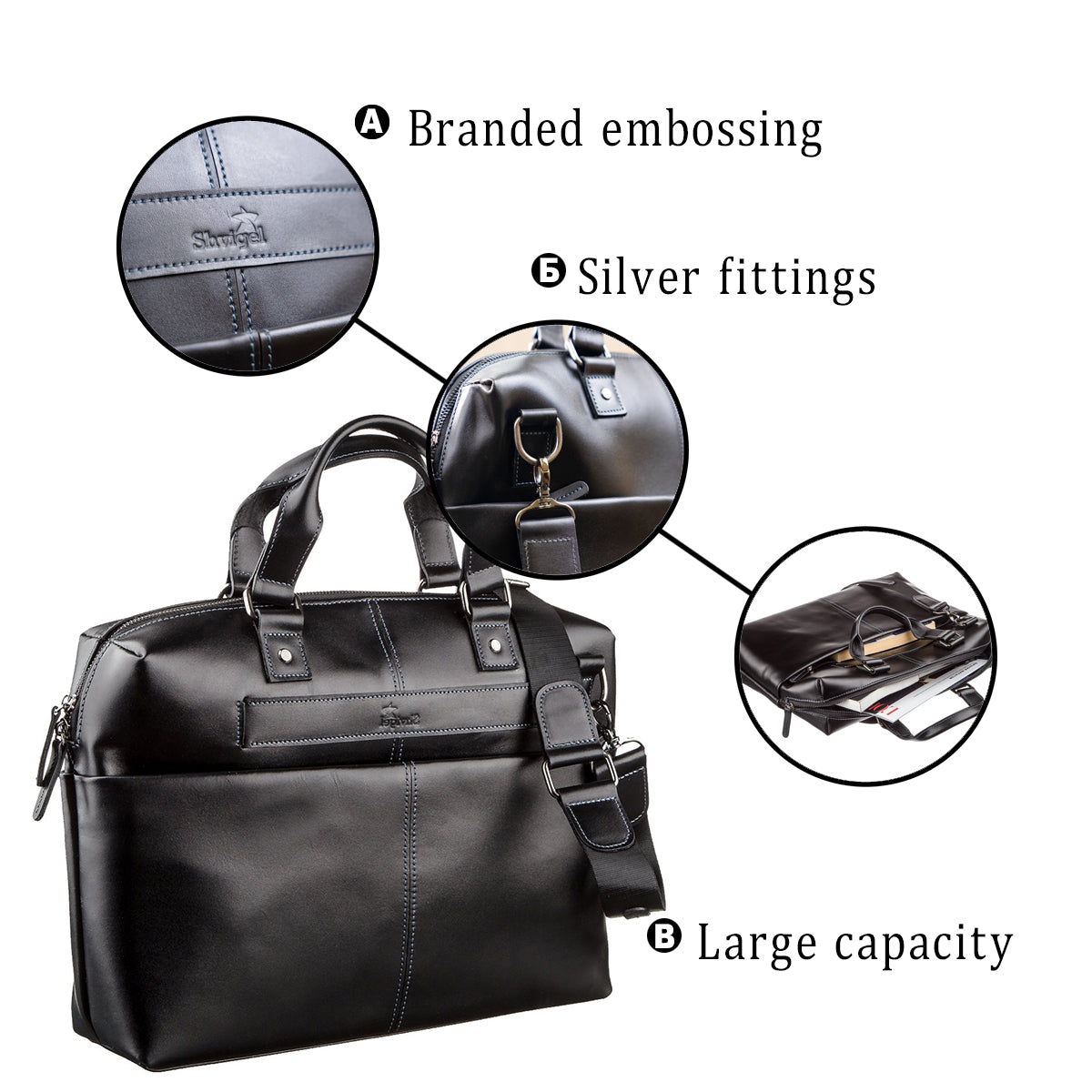 SHVIGEL Leather Laptop Bag 11248 Black Smooth Genuine Leather Design