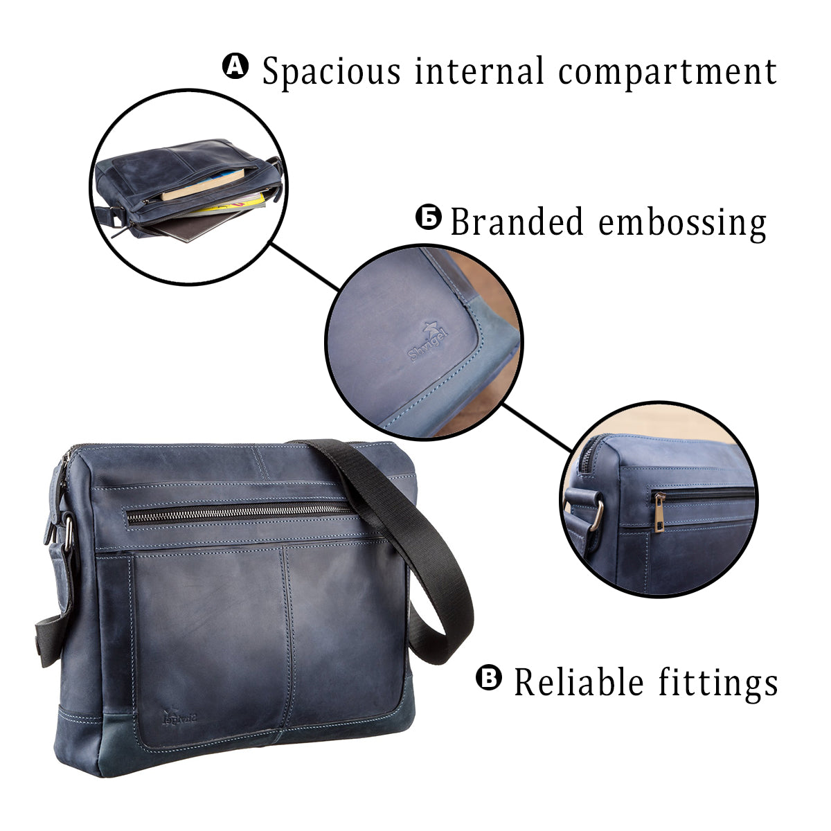 Business Men’s Leather Shoulder Bag SHVIGEL 11249 Blue Genuine Leather Design