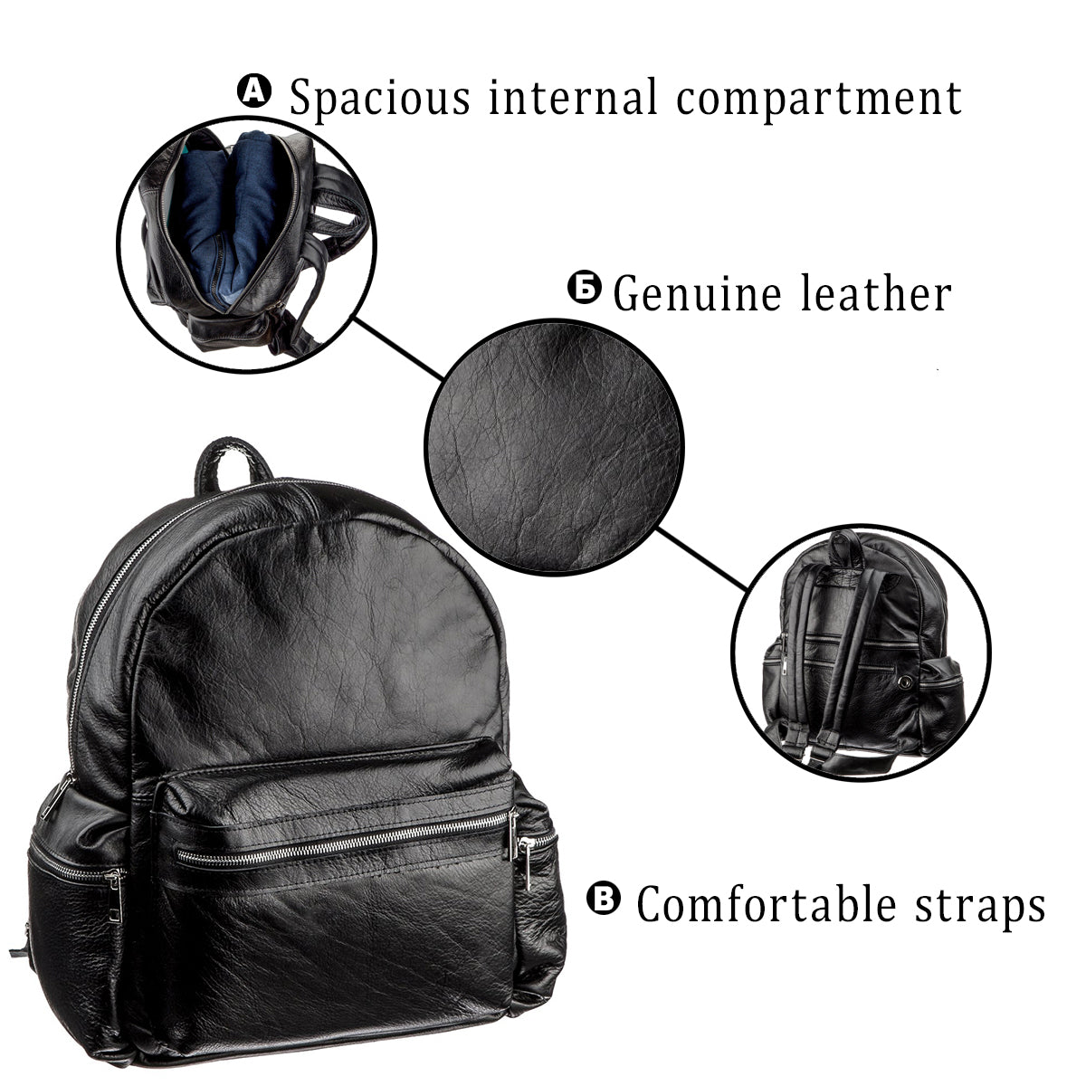Leather Backpack SHVIGEL 11260 Black Natural Leather, Ukrainian Craftsmanship