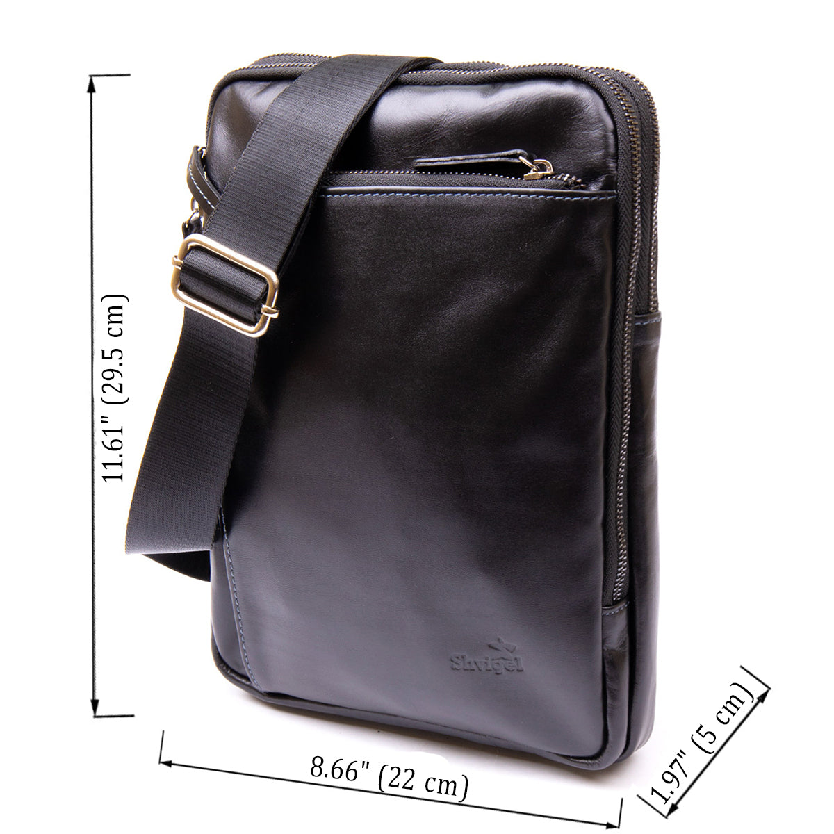 Men's Tablet Bag SHVIGEL 11281 Black Leather with Zip Pocket, Stylish Design