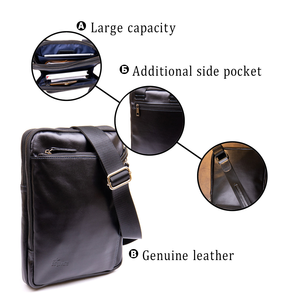 Men's Tablet Bag SHVIGEL 11281 Black Leather with Zip Pocket, Stylish Design