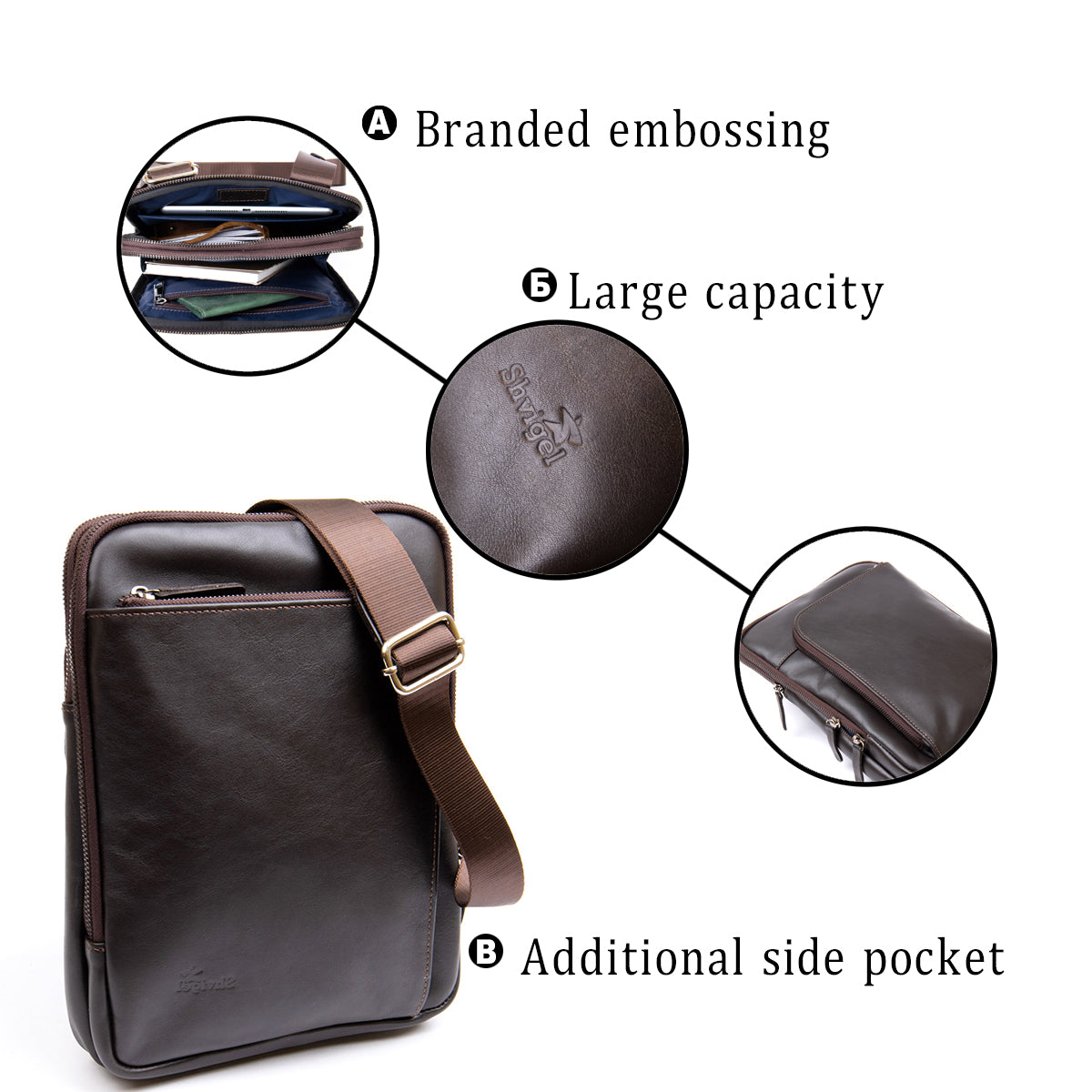 Stylish Tablet Bag SHVIGEL 11282 Brown Smooth Leather with Zipper Pocket
