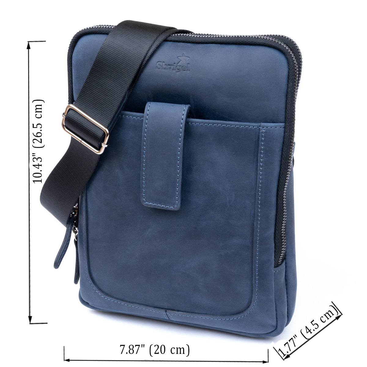 Men's Vintage Leather Tablet Bag SHVIGEL 11284 Blue Dual Compartment Natural Leather