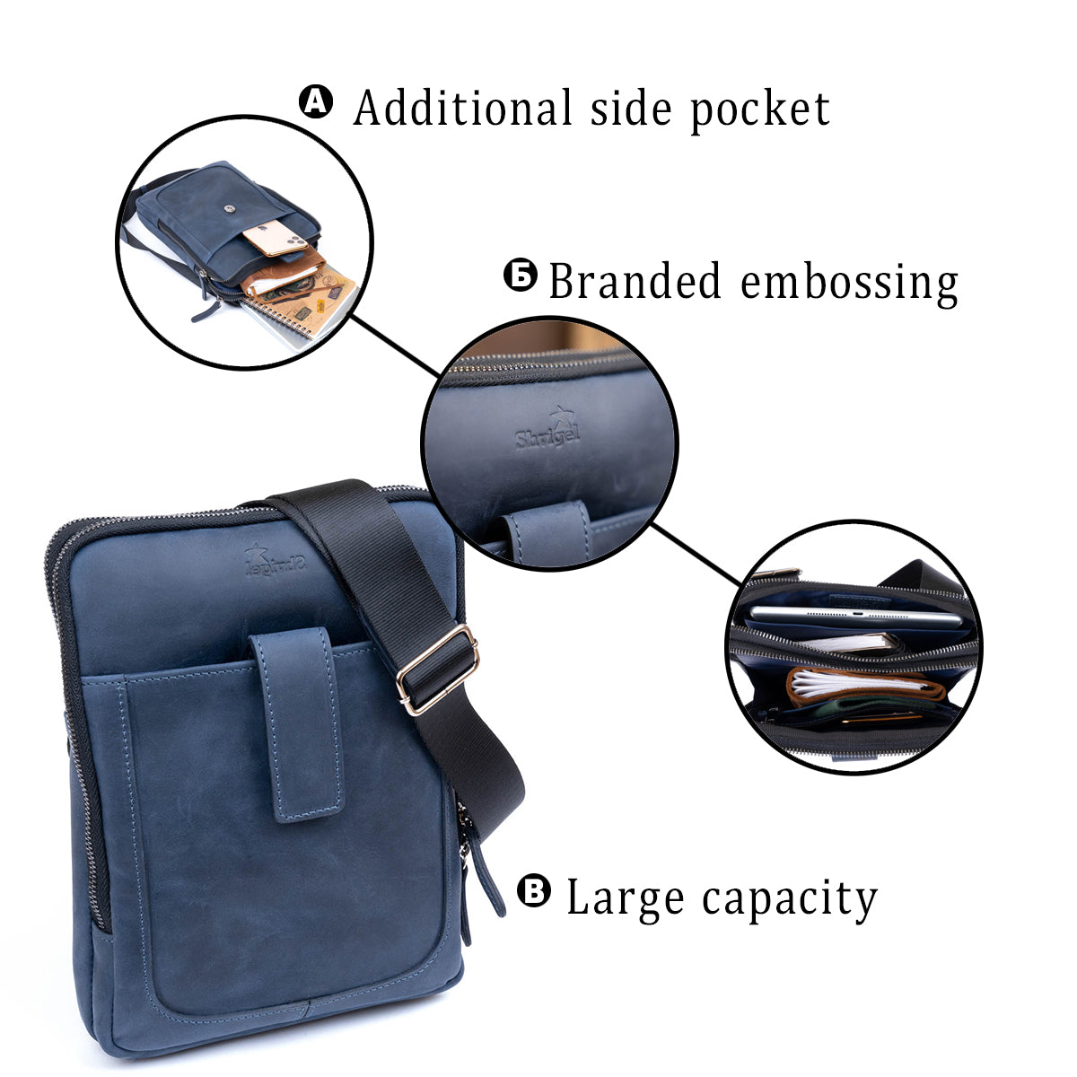 Men's Vintage Leather Tablet Bag SHVIGEL 11284 Blue Dual Compartment Natural Leather