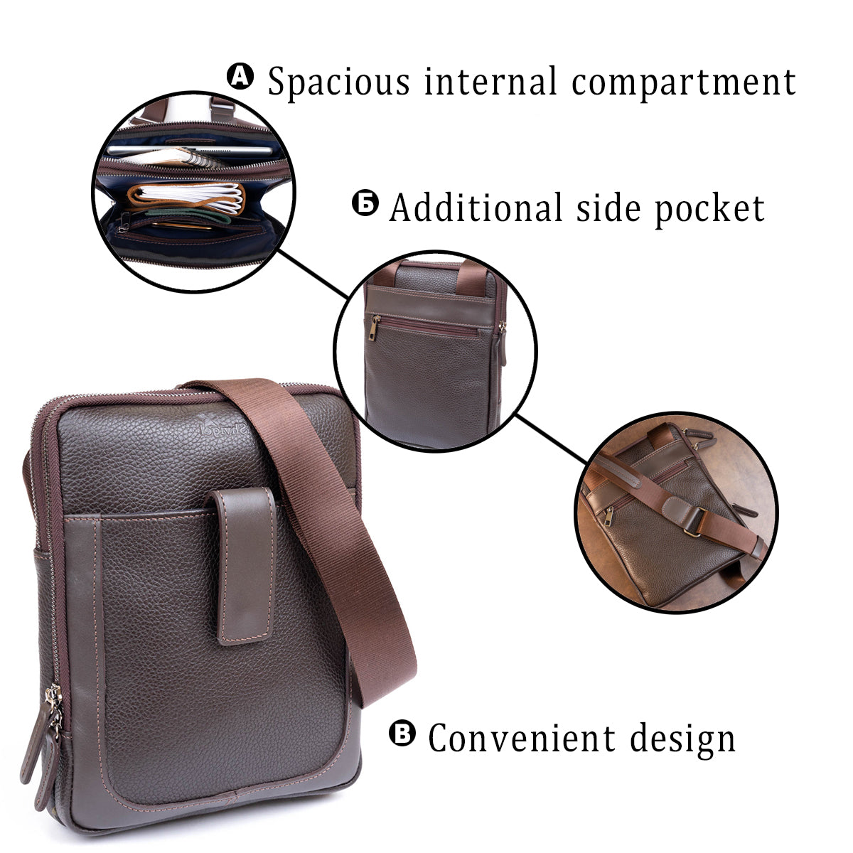 Men's Leather Flotar Tablet Bag SHVIGEL 11286 Brown with Two Compartments