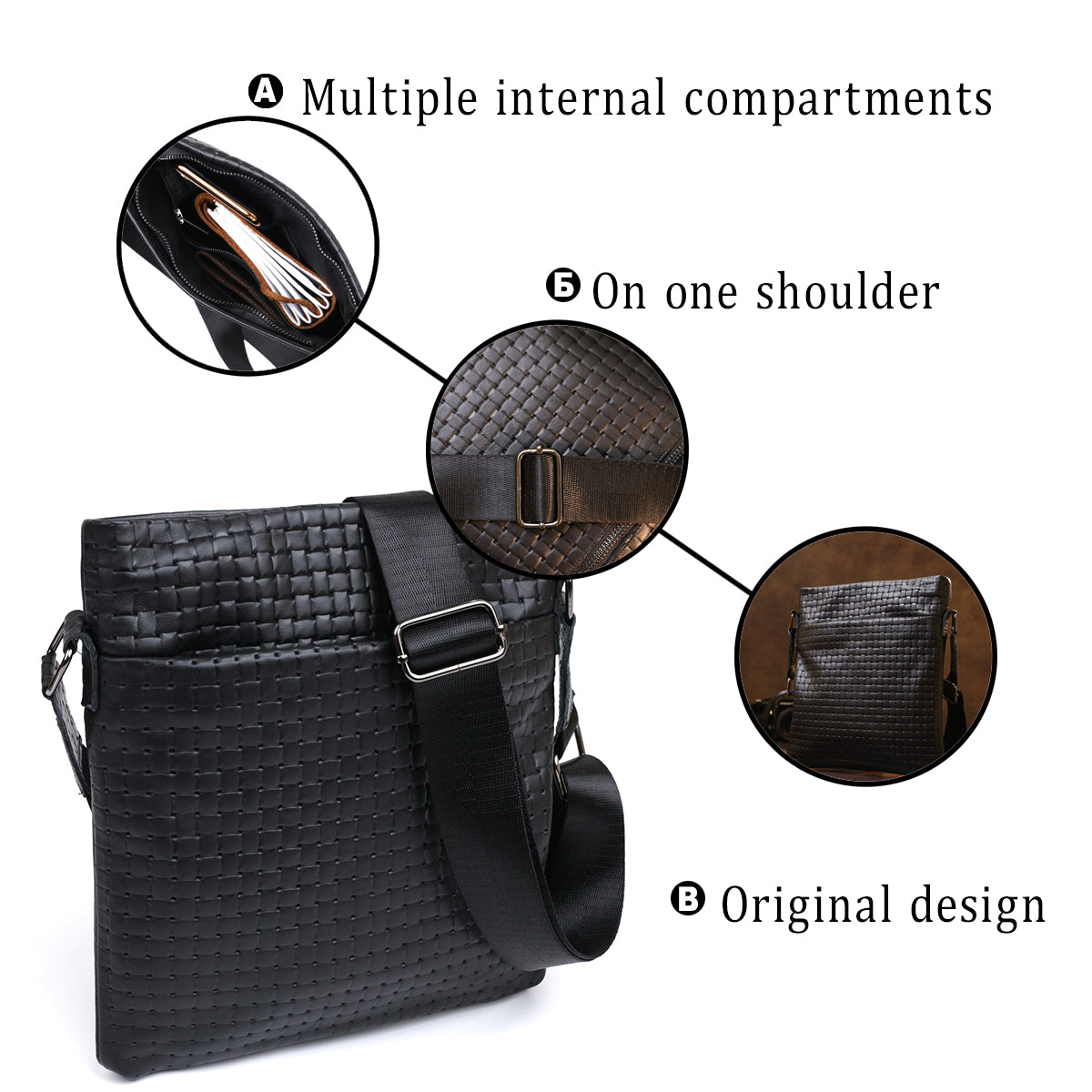 Leather Crossbody Bag for Men SHVIGEL 11600 Black Genuine Leather Quality