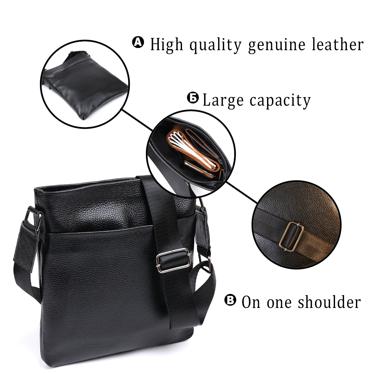 Leather Crossbody Bag SHVIGEL 11603 Black, Durable Natural Leather, Made in Ukraine