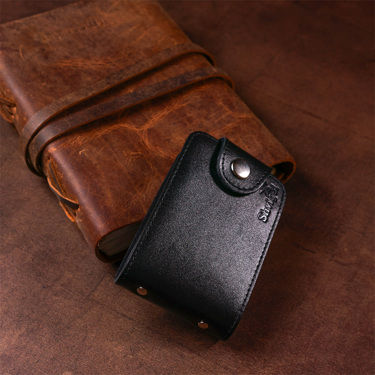 Horizontal Business Card Holder SHVIGEL 13915 Black Leather Made in Ukraine