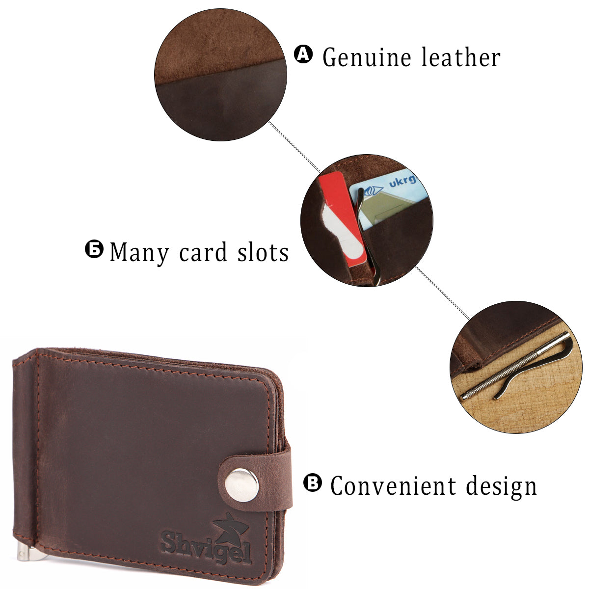 Leather Money Clip SHVIGEL 13786 Brown Premium Quality Natural Leather