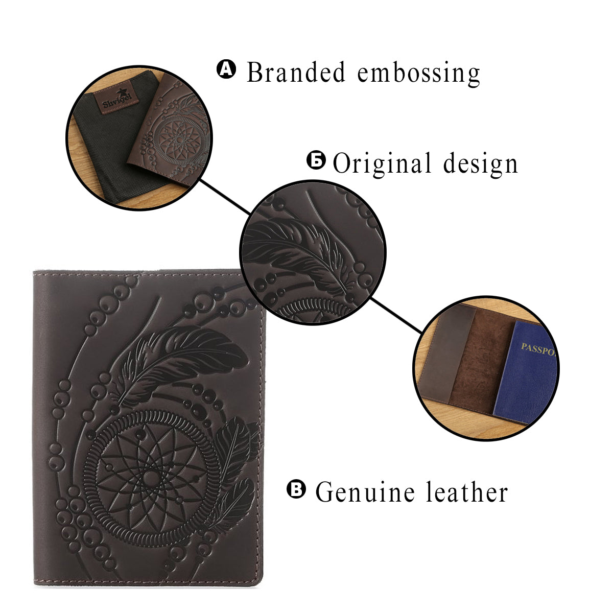 Vintage Leather Passport Cover SHVIGEL 13793 Brown Natural Leather Handmade