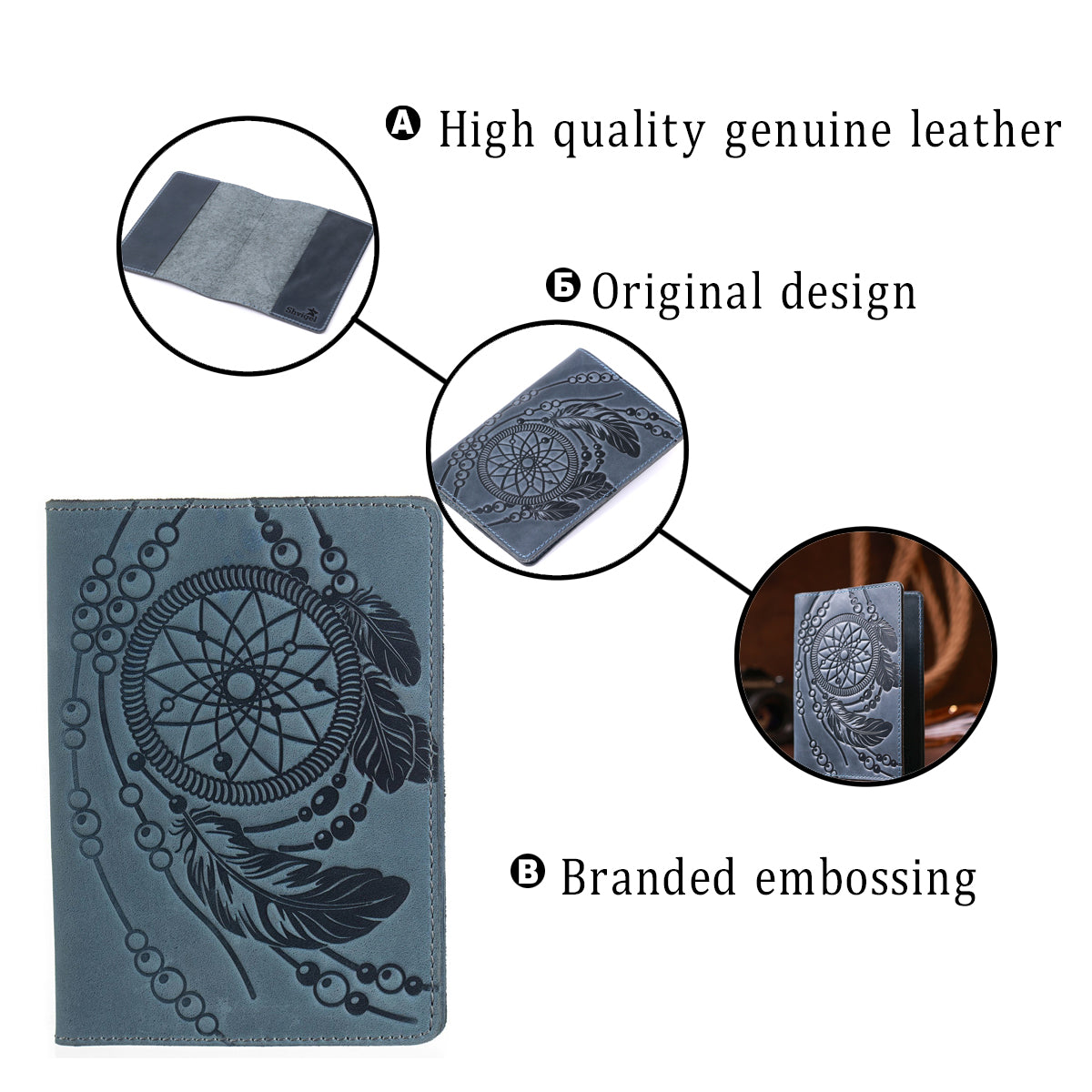 Passport Cover SHVIGEL 13795 Blue Genuine Leather - Ukrainian Craftsmanship