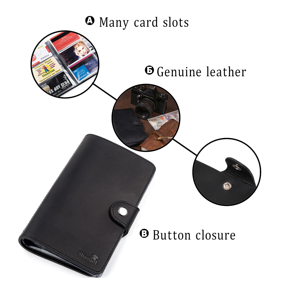 Large SHVIGEL Business Card Holder 13905 Black Leather Made in Ukraine for Visiting Cards