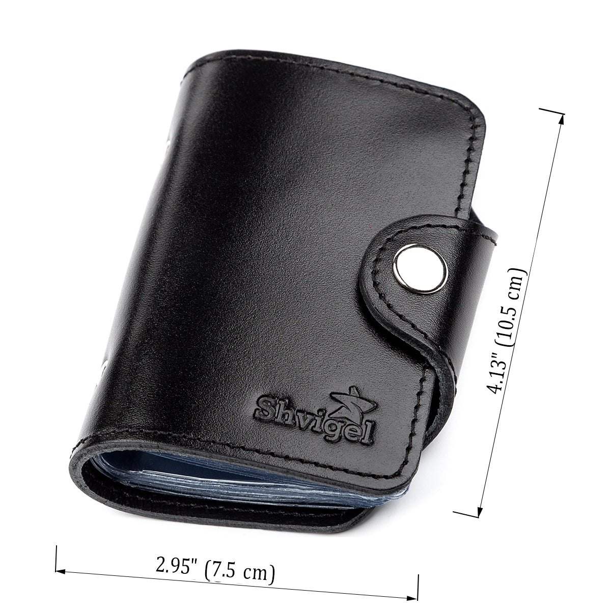 Vertical Holder SHVIGEL 13911 Leather Black for Business Cards - Handmade in Ukraine