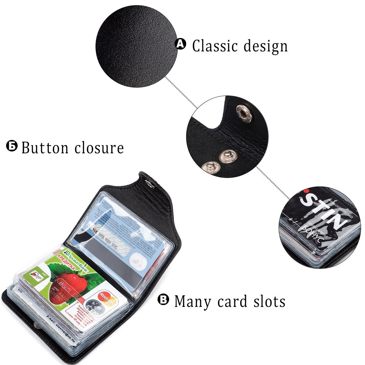 Vertical Holder SHVIGEL 13911 Leather Black for Business Cards - Handmade in Ukraine