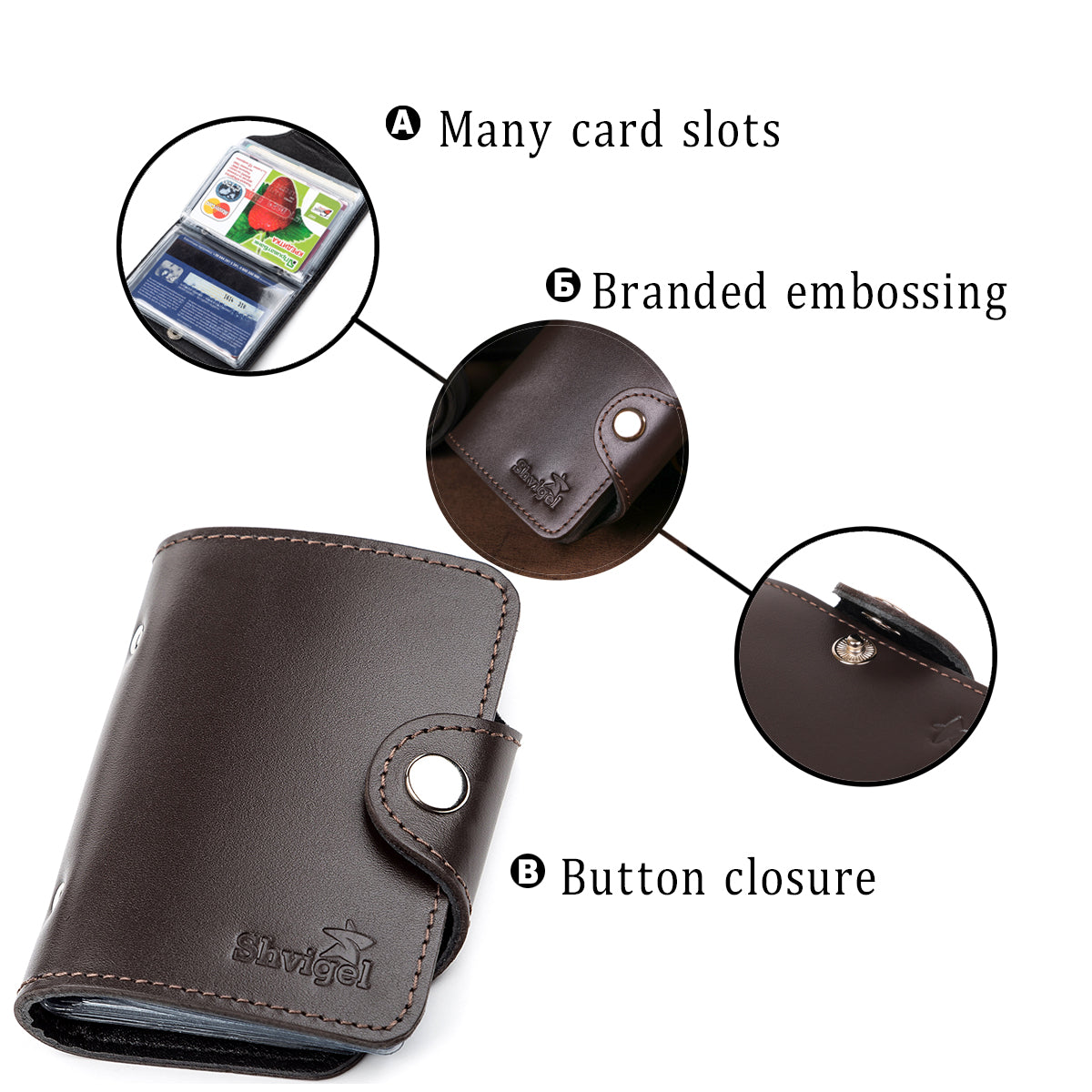 Vertical Card Holder SHVIGEL 13912 Genuine Leather in Brown for Business Cards