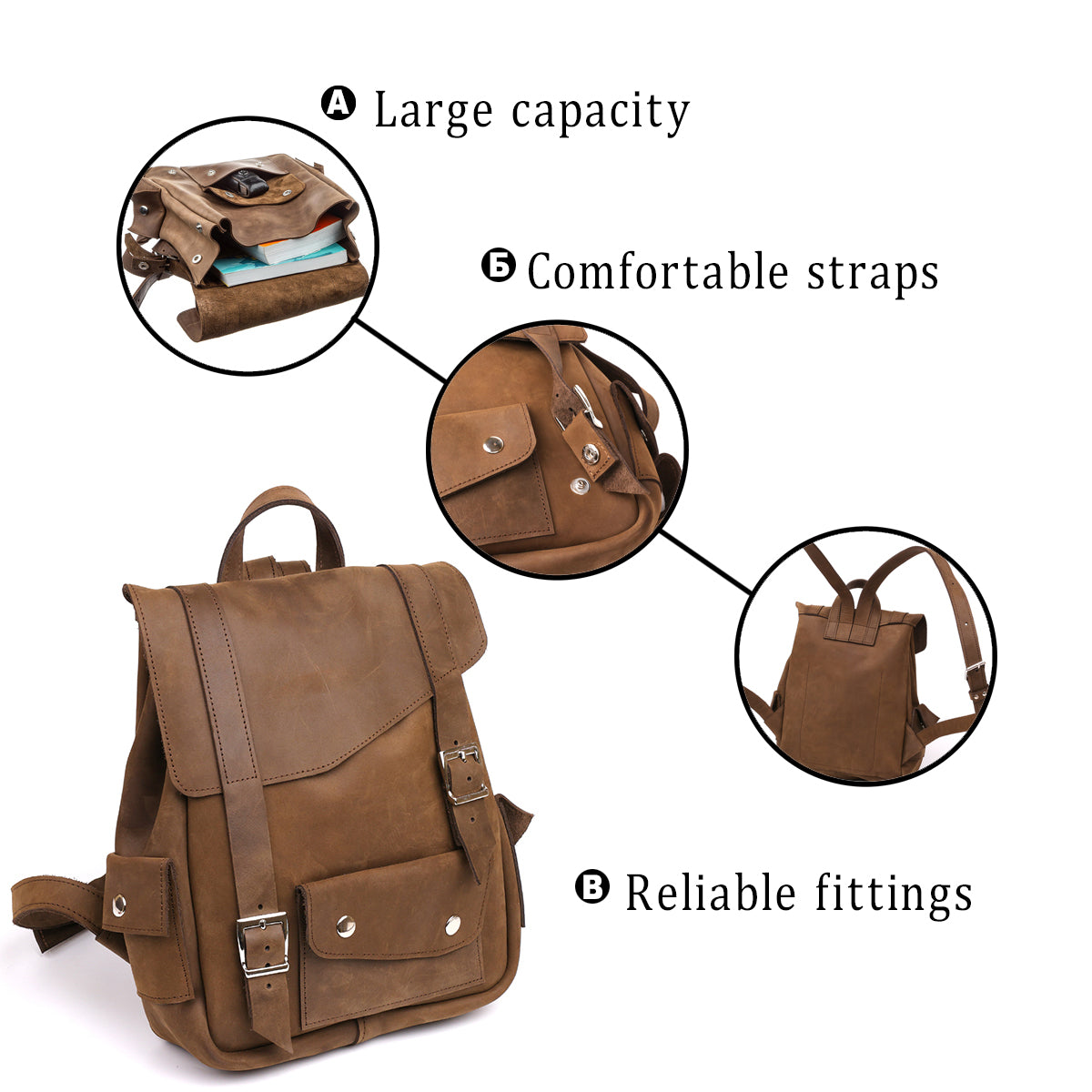 Unisex Crazy Horse Leather Backpack by SHVIGEL Model 13948 in Brown – Made in Ukraine, Natural Leather