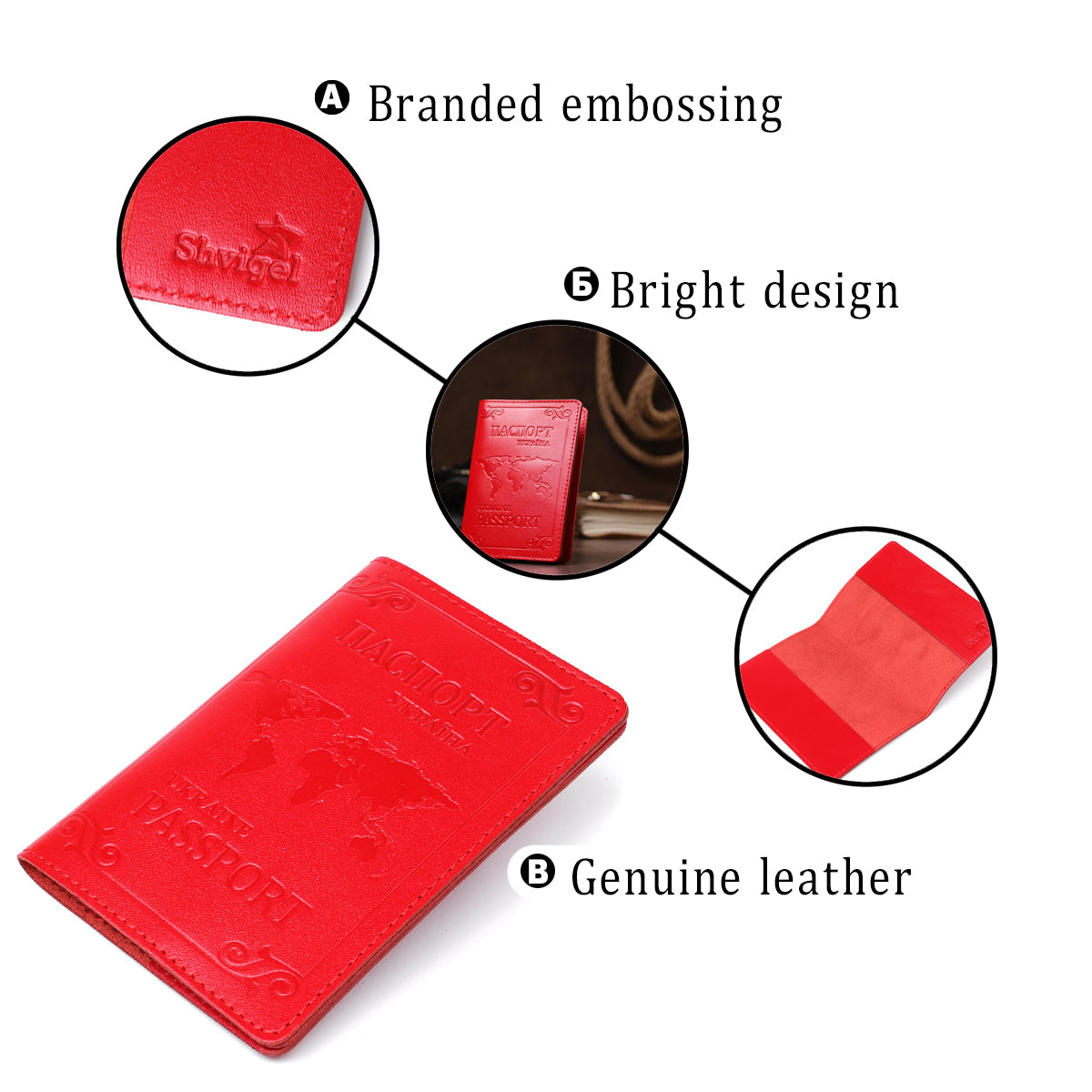 Leather Passport Cover with Card Slot and Frame by SHVIGEL 13981 Red, Genuine Leather