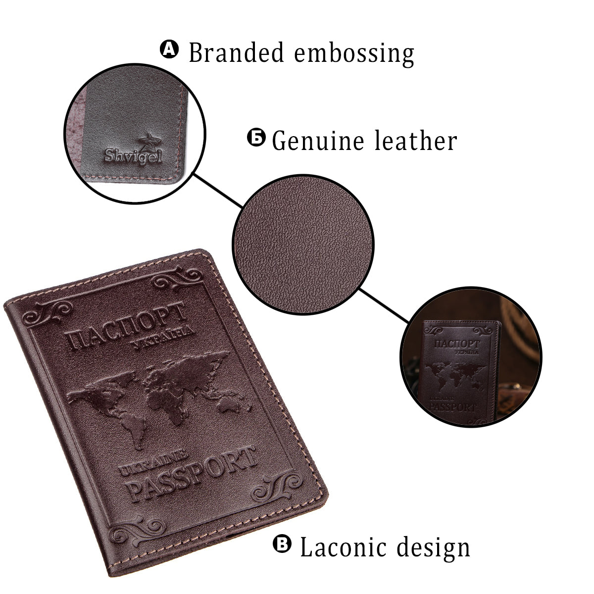 Leather Passport Holder with Card and Frame SHVIGEL 13983 Brown Natural Leather for Passport from Ukraine