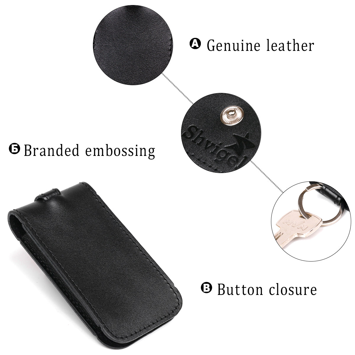 Compact Leather Key Holder with Strap SHVIGEL 13988 Black, Natural Leather, Made in Ukraine