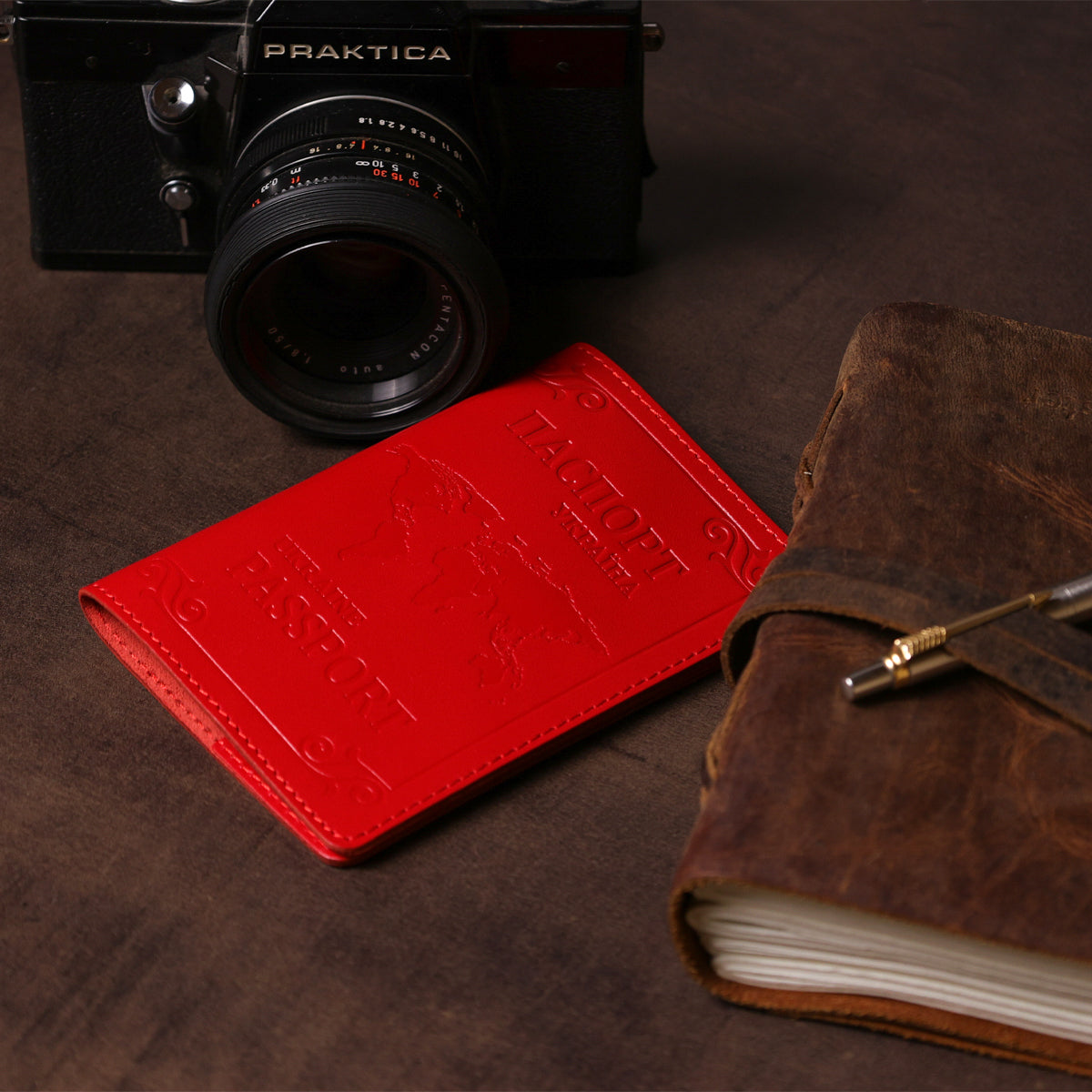 Leather Passport Cover with Card Slot and Frame by SHVIGEL 13981 Red, Genuine Leather