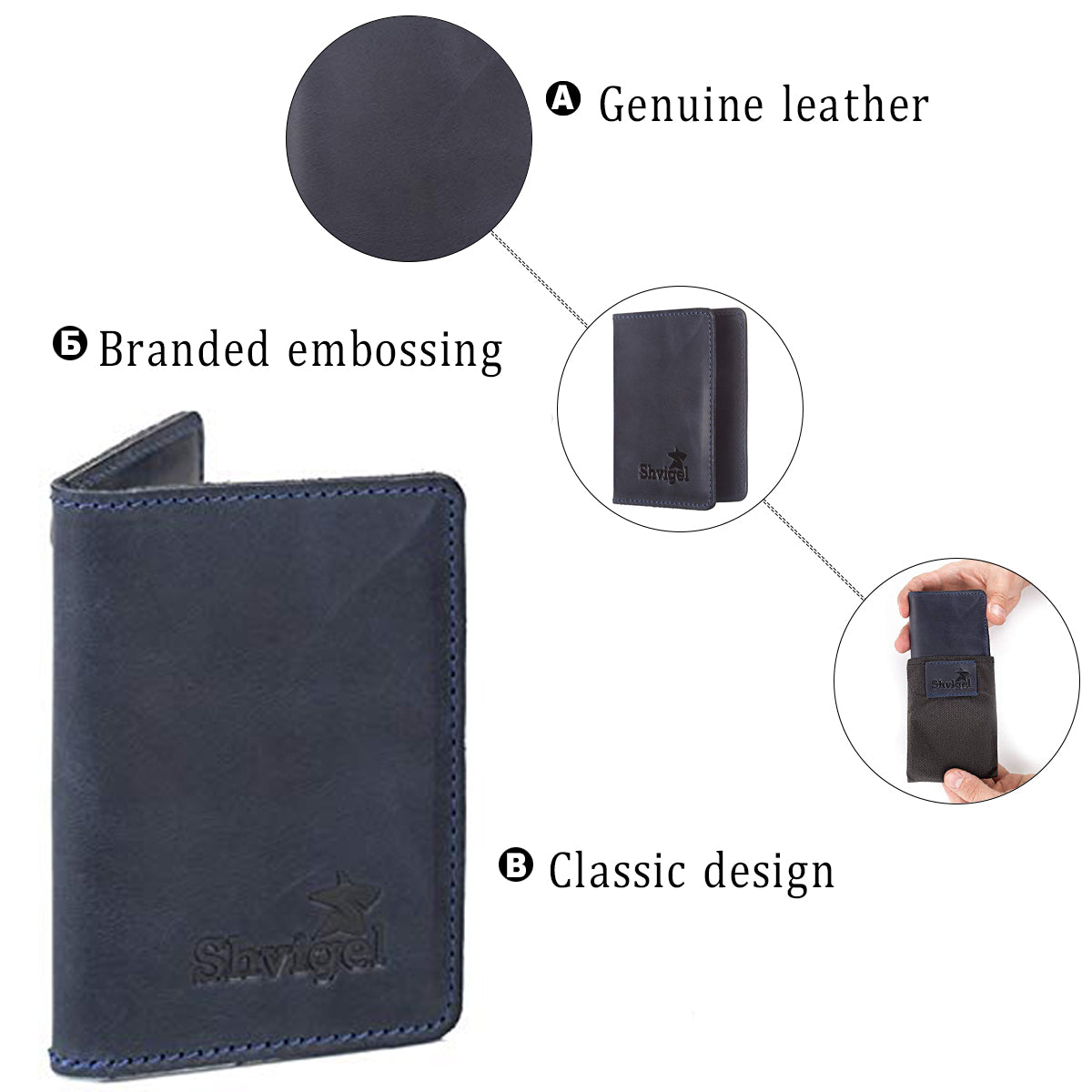 Business Card Holder SHVIGEL 15301 Blue Genuine Leather for Professional Use