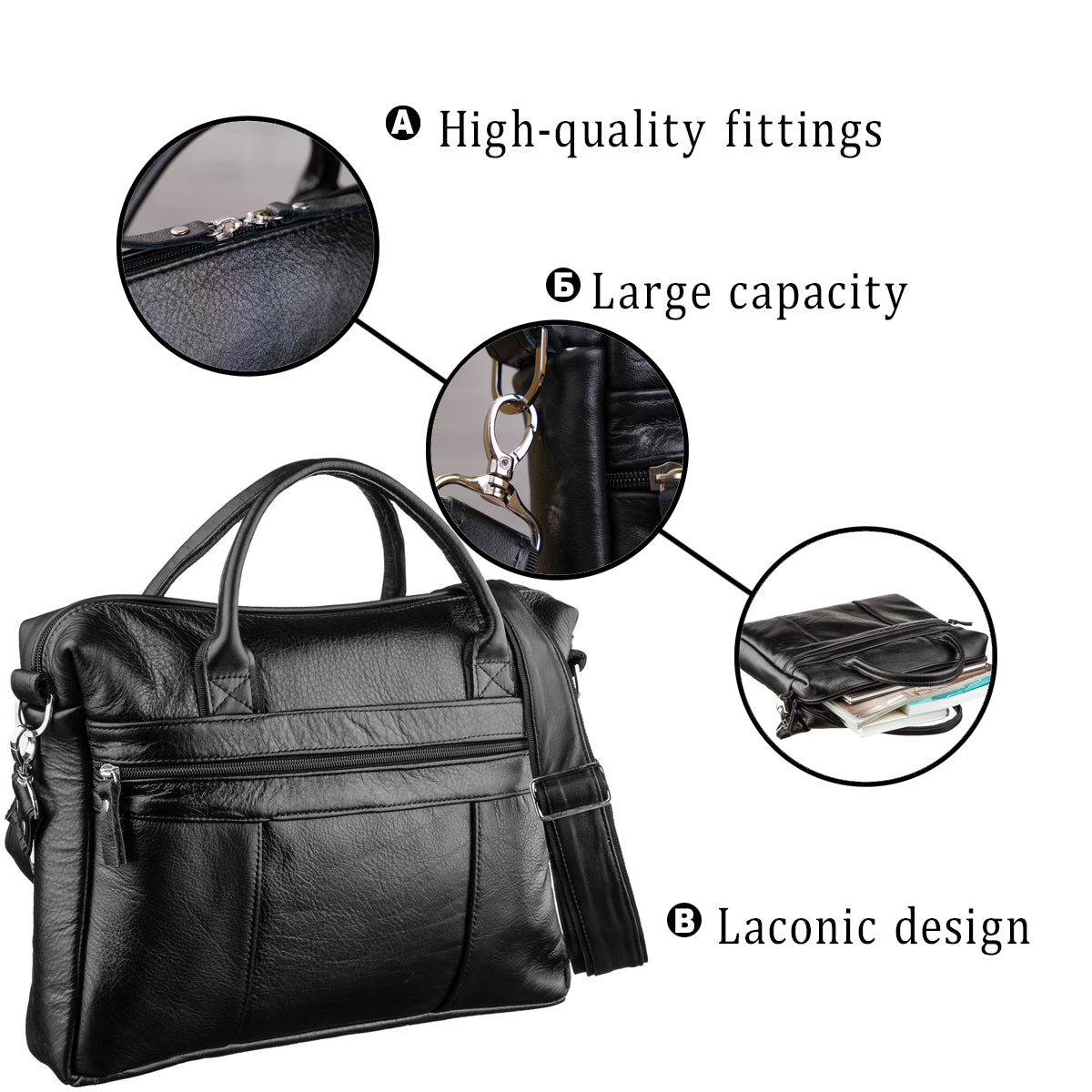 Men's Soft Leather Bag SHVIGEL 15306 Black - Handmade from Genuine Leather, Ukraine