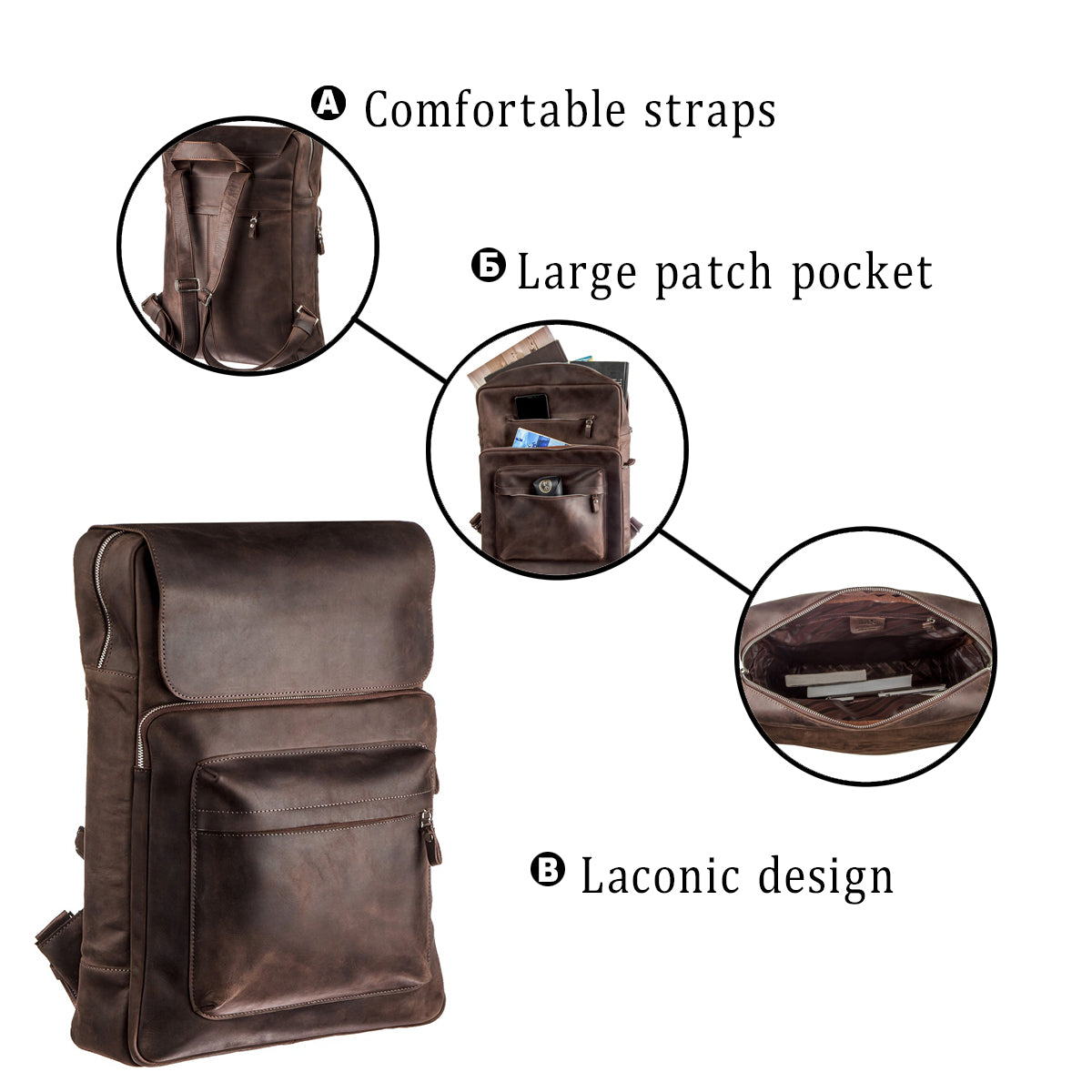 Large Leather Backpack by SHVIGEL 15307 in Brown with Crazy Horse Finish, Made in Ukraine