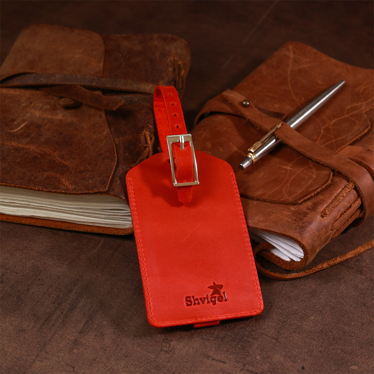 Vintage Leather Luggage Tag SHVIGEL 16556 Red - Handmade Ukrainian Natural Leather