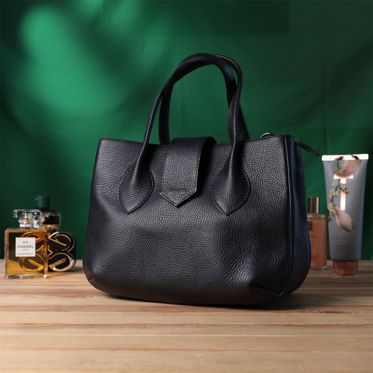 Leather Handbag by SHVIGEL 22829 - Elegant Black Design with Two Handles from Ukraine